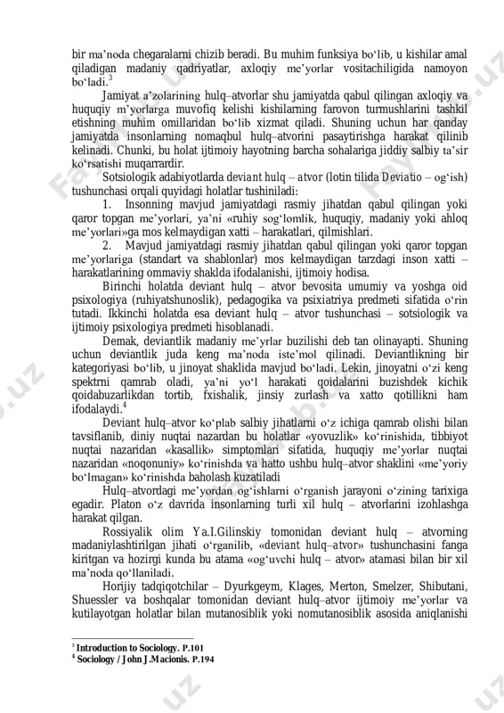 ek ergashib yuradigan, uning barcha fikr va istaklarini belgilaydigan jinsiy rag„bat- libido yotadi. barcha atrofimizdagi voqea- hodisalarni jinsiy rag„bat belgilaydi. inson ruhiyatidagi barcha jarayonlar hayot instinkti eros va o„lim instinkti-tanatos o„rtasidagi kurash natijasi bo„lib, har qanday xulq-atvor, jumladan noto„g„ri xulq-atvor ham, jinsiy rag„bat va yashash uchun kurash natijasidir. deviant xulq-atvorga r.merton ishlab chiqqan ta‟limot zamonaviy sotsiologiyada yetakchi o„rin tutadi. e.dyurkgeymning anomiyasini rivojlantirib, merton deviant xulq-atvorga quyidagicha ta‟rif beradi; “deviant xulq-atvor jamiyatda e’lon qilingan qadriyatlar va rasmiy xulq-atvor standartlari bilan aholi xulq-atvori motivlari va mavjud imkoniyatlarning bir-biriga mos kelmay qolishi natijasidir”. jamiyatning rasmiy tuzilmalari tomonidan maqsadga erishishning turli guruhlar uchun turlicha imkoniyatlar yaratib berishi natijasi bo„lmish funksional kamchiliklar maqsadga erishishga xizmat qiluvchi norasmiy tuzilmalarning tashkil bo„lishiga olib keladi. maqsad va vositalarga turlicha munosabat quyidagi xulq-atvor turlariga olib kelishi mumkin. deviantlik muammosiga sotsiologik jihatda qiziqish o„zida formal deviatsiyani o„lchash (jinoiy hulq-atvor statistikasi), shuningdek, jamiyatda deviantlikni vujudga kelishi va uni rolini tushuntirishga intiladigan …