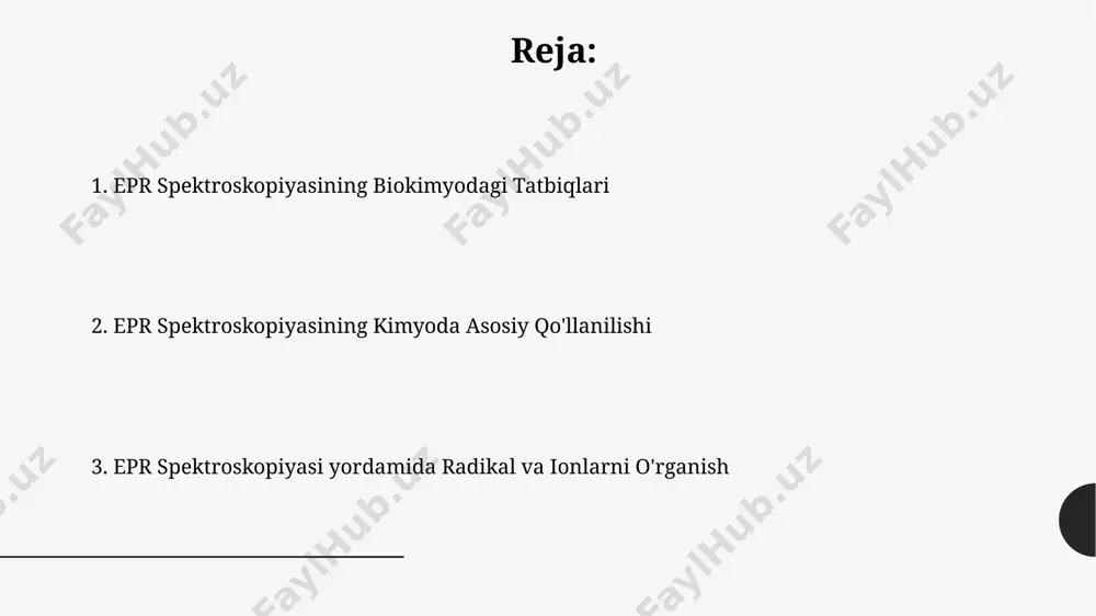 m rol o‘ynaydi, masalan, 3 ta turli ligandli komplekslar uchun olingan spektrlarning farqlarini germaniya olimlarining maqolasida ko‘rish mumkin. epr spektroskopiyasi yordamida 5 dan ortiq koordinatsion sonli komplekslarning tuzilishini aniqlash mumkin, masalan, cu(ii) komplekslari uchun g-faktor va giperfine tuzilish parametrlarini tahlil qilish orqali toshkentda o‘tkazilgan tadqiqotlar shuni ko‘rsatdi. elektron tuzilishini o'rganish epr spektroskopiyasi yordamida 50 dan ortiq turli metallarning elektron tuzilishi va valent holatini aniqlash mumkin, masalan, temir (fe) va mis (cu) kabi o'tish metallari o'zbekiston fanlar akademiyasi kimyo institutida olib borilgan tadqiqotlarda tasdiqlangan. epr signallarining giperfine tuzilishi orqali 10-100 gts oralig'idagi magnit maydonlari bilan o'zaro ta'sirlashuv natijasida yadro spinlari sonini va yadro magnit momentlarini aniqlash mumkin, bu esa molekulalardagi elektron zichligini xarakterlash imkonini beradi. kimyoviy reaksiyalar kinetikasini o'rganish epr spektroskopiyasi, aqshning kaliforniya universitetida o'tkazilgan tajribalarda, fermentlar katalizidagi radikal vositachilarning konsentratsiyasini 10⁻⁶ mol/l gacha aniqlash imkonini berdi, bu fermentativ reaksiyalar kinetikasini o'rganishda muhim ahamiyatga ega. epr spektroskopiyasi yordamida 25°c da suvli …