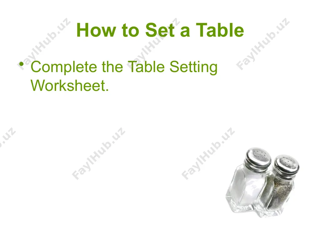 14 15 class activity on etiquette table manners worksheet 16 table etiquette courtesy shown by good manners at meals. reflect part of your personality to others. makes eating a pleasant experience for everyone most rules of etiquette involve common sense and consideration of other people. 17 common rules of etiquette sitting down from the left side of your chair. passing food to the right. 18 common rules of etiquette napkin place on lap before starting to eat. cover your mouth and nose if you must cough or sneeze. leave on your chair if leaving the table and returning during a meal. leave to the left of the plate when finished with the meal. 19 common rules of etiquette when eating with a small group wait until everyone is served before eating follow actions of host/hostess avoid talking with food in mouth. chew with mouth closed. 20 common rules of etiquette …