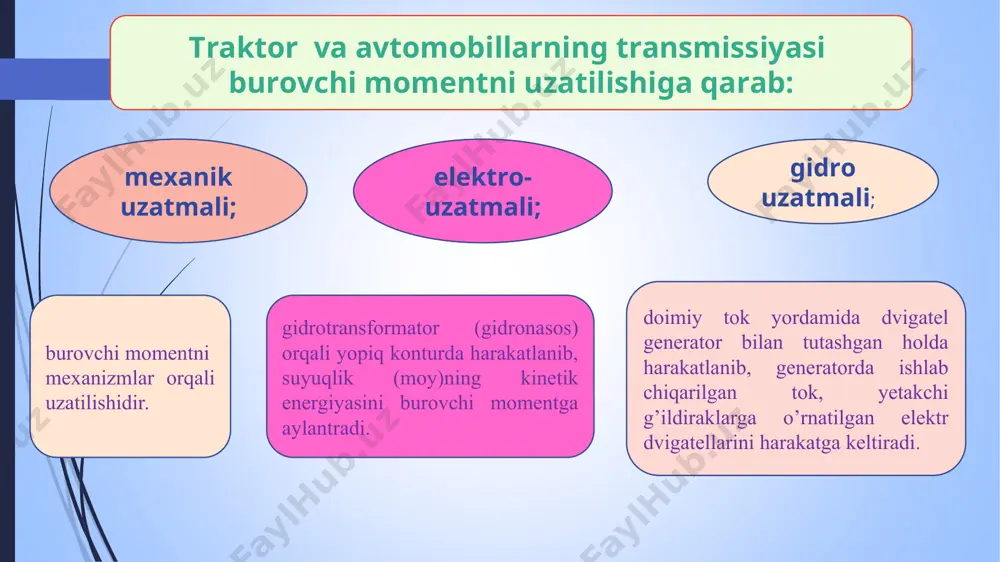 yetakchi ko’prikni qo’shish va ajratish uchun xizmat qiladi. sinxronizator-uzatmalarni shovqinsiz va zarbsiz almashtirish uchun ular qo’llaniladi. ularning vazifasi aylanadigan detallarning tezligini tenglashtirishdir. etakchi ko’prik va oxirgi uzatmalar traktor va avtomobillarning yetakchi ko’prik va oxirgi uzatmalari -kuch uzatmasining tarkibiy qismlaridan bo’lib, uzatmalar qutisidan aylanma harakatni g’ildirak yoki yulduzchalarga uzatib, traktor yoki avtomobil harakatga keltiradi. g’ildirakli traktorlarning yetakchi ko’prigi differentsial oxirgi uzatma bosh uzatma yarim o’qlar avtomobillarni yetakchi ko’prigi zanjirli traktorlarning yetakchi ko’prigi planetar mexanizmi oxirgi uzatma bosh uzatma yarim o’qlar bosh uzatma yarim o’qlar differentsial differentsial-uzatilgan burovchi momentni oxirgi uzatmalarga taqsimlaydi, har xil tezlikda aylanishini, traktor va avtomobillarning burilishini hamda notekis yo’llarda yurishini ta’minlaydigan mexanizmdir. bosh uzatma-traktor va avtomobillar o’qiga parallel joylashgan uzatmalar qutisining ikkilamchi validan olingan burovchi momentni unga perpendikulyar joylashgan orqa ko’prik valining uzatadi. etakchi ko’prik vazifasi. traktor yetakchi ko’prigining vazifasi uzatmalar qutisi validan berilayotgan burovchi momentning xarakat yo’nalishini 90 gradusga burgan holda yetakchi g’ildiraklarga yetkazib berishdan iborat. etakchi …