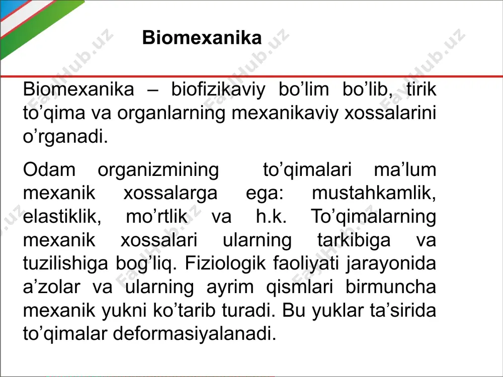 guruhlaridan tuzilgan vakimyoviy bog'lanishlar bilan birlashtirilgan uzun zanjir ko‘rinishidagi moddalar polimerlar deyiladi. polimerlar-mexanik xossalari jihatidan qattiq jism va suyuqliklar xossalarining birlashmasidan tashkil topgan materiallardir: ular yetarlicha mustahkam va shu bilan birga yetarlicha katta qaytuvchan deformatsiyalanish qobiliyatiga ega. deformasiya qattiq jism molekula yoki atomlari orasida tortish kuchlaridan tashqari itarishish kuchlari ta`sir qilishi mumkin. zarralar bir biriga yaqinlashganda ularning bir biridan itarilish kuchi ortadi.jism cho`zilganda zarralar orasida tortishish kuchlari ustunlik qiladi. qattiq jismga ko`rsatilgan ta`sir kristall panjaraning muvozanat holatini buzadi. bu ta`sir kristall ichida zarralarni siljishiga olib keladi, bu esa jismning shakli yoki hajmini o`zgarishiga ya’ni deformatsiyaga olib keladi. deformasiya deb, tashqi kuch ta’sirida jismning shakli va hajmining o’zgarishiga aytiladi. jism moddasining xususiyatlariga qarab deformasiya 2 xil bo’ladi: elastik plastik deformatsiya tashqi ta’sirlar (mexanik, elektr, magnit yoki jsm haroratining o'zgarishi) tufayli yuz beradi. jismga ta`sir etayotgan kuch olingandan keyin deformasiya yo`qolib, jism oldingi holatiga qaytsa bunday deformasiya elastik deformasiya, jismning o`zi esa …