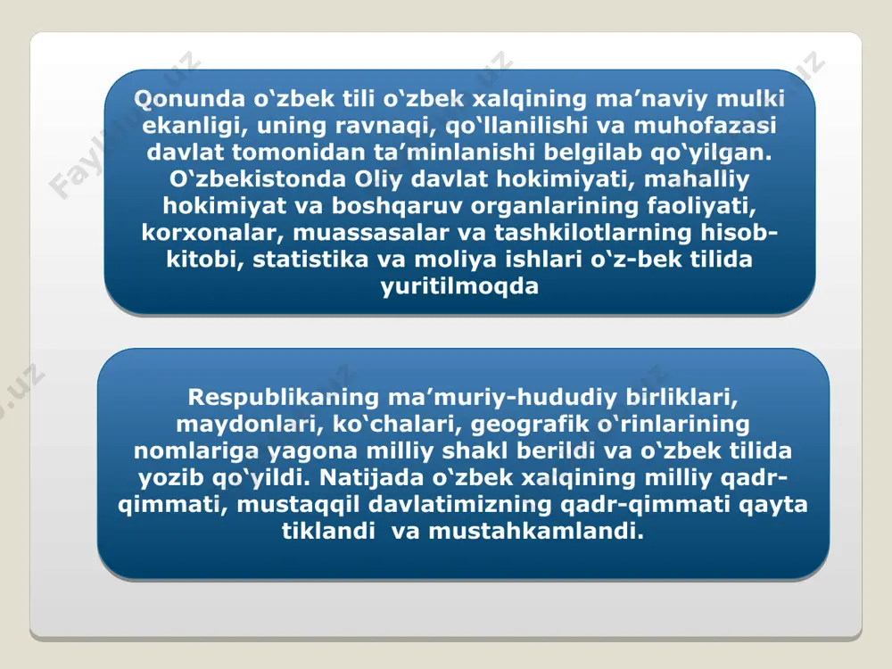 arlarga “amir temur” ordeni topshirildi. amir temurning shaxsi butun ma’rifiy insoniyatning boyligi ekanligi tan olindi. 1999-yilda vatanparvar siymo, xalq qahramoni jaloliddin manguberdi tavalludining 800 yilligi nishonlandi. urganch shahrida jaloliddin manguberdi xotirasini abadiylashtiruvchi yodgorlik majmuyi barpo etildi. o’zbekiston respublikasining birinchi prezidenti islom karimov tashabbusi bilan toshkent shahrining bo‘zsuv kanali bo‘yida qatag‘on davri qurbonlari xotirasini abadiylashtirish maqsadida “shahidlar xotirasi” yodgorligi majmuyi bunyod etildi va uning ochilish marosimi 2000-yil 12-may kuni bo‘lib o‘tdi. 1999-yilda toshkent shahrida ikkinchi jahon urushi yillarida fashizmga qarshi vatan ozodligi uchun jon fido etgan xalqimizning farzandlari xotirasini abadiylashtirish maqsadida “xotira maydoni” majmuasi barpo etildi va shu yili 9 may kuni uning ochilishi marosimi bo‘lib o‘tdi. o‘zbekiston prezidentining 1992-yil 27-martdagi farmoni bilan ro‘za-ramazon hayitining birinchi kuni dam olish kuni deb e’lon qilindi. respublika musulmonlarining istak va xohishlariga ko‘ra qurbon hayiti ham tiklandi, dam olish, bayram kuni bo‘lib qoldi o‘zbekiston prezidentining 1990-yil 2-iyundagi “musulmonlarning saudiya arabistoniga haj qilish to‘g‘risida”gi farmoniga binoan …