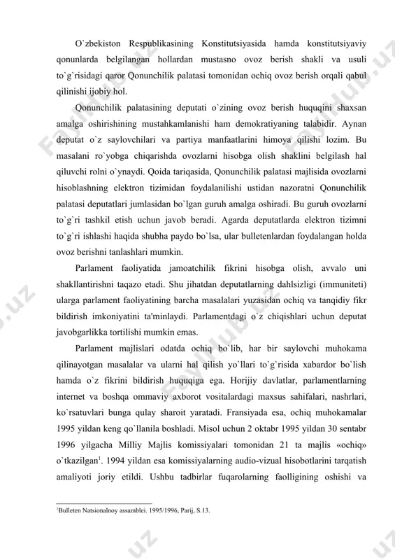 lari odatda ochiq bo`lib, har bir saylovchi muhokama qilinayotgan masalalar va ularni hal qilish yo`llari to`g`risida xabardor bo`lish hamda o`z fikrini bildirish huquqiga ega. horijiy davlatlar, parlamentlarning internet va boshqa ommaviy axborot vositalardagi maxsus sahifalari, nashrlari, ko`rsatuvlari bunga qulay sharoit yaratadi. fransiyada esa, ochiq muhokamalar 1995 yildan keng qo`llanila boshladi. misol uchun 2 oktabr 1995 yildan 30 sentabr 1996 yilgacha milliy majlis komissiyalari tomonidan 21 ta majlis «ochiq» o`tkazilgan . 1994 yildan esa komissiyalarning audio-vizual hisobotlarini tarqatish amaliyoti joriy etildi. ushbu tadbirlar fuqarolarning faolligining oshishi va qonunchilik palatasida ko`rilayotgan masalalar yuzasidan ularning obyektiv fikrini yig`ish uchun xizmat qiladi. o`zbekiston respublikasi oliy majlisi qonunchilik palatasi va senatining qo`shma majlislari o`zbekiston respublikasi prezidenti qasamyod qilganda, o`zbekiston respublikasi prezidenti mamlakat ijtimoiy-iqtisodiy hayotining, ichki va tashqi siyosatining eng muhim masalalari yuzasidan nutq so`zlaganda, chet davlatlarning rahbarlari nutq so`zlaganda o`tkaziladi. palatalarning kelishuviga binoan qo`shma majlislar boshqa masalalar yuzasidan ham o`tkazilishi mumkin. qonunchilik palatasi faoliyatini samarali …