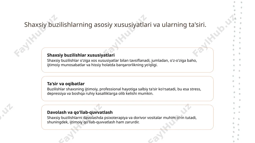 baholash imkonini beradi. 2 diagnostik asboblar diagnostik testlar shaxsiy buzilishlarni aniqlash uchun muhim vosita bo'lib, ular ruhiy holat va xulq-atvorni baholashda yordam beradi. 3 madaniy moslashuv o'zbekistonda shaxsiy buzilishlarni baholashda madaniy kontekstni hisobga olish zarur, chunki bu test natijalarini yanada to'g'ri tushunishga yordam beradi. shaxsiy buzilishlar: jins va yoshga ko'ra baholash farqlari. 1 jinsiy farqlar - shaxsiy buzilishlar jinsga ko'ra har xil belgilarga ega bo'lishi mumkin. masalan, erkaklar ko'pincha antisotsial buzilishlarga, ayollar esa depressiv buzilishlarga moyil. 2 yoshga ko'ra farqlar - yoshga qarab, shaxsiy buzilishlar belgilari va og'irligi o'zgarishi mumkin. yosh o'smirlar orasida hissiy buzilishlar ko'proq uchrasa, katta yoshdagilar o'zini anglash bilan bog'liq muammolarni boshdan kechirishadi. 3 baholash metodlari - jins va yosh farqlari shaxsiy buzilishlarni baholashda muhim ahamiyatga ega. psixologlar baholashda jinsiy va yosh guruhlariga mos metodlarni qo'llashadi, bu esa natijalarni aniqlashtiradi. madaniy kontekstda shaxsiy buzilishlarni baholashning ahamiyati. 01 madaniyat va buzilishlar madaniyat shaxsiy buzilishlarni shakllantiruvchi asosiy omil hisoblanadi, …