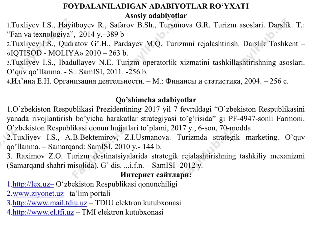 o‘zining odatdagi muhitidan tashqarida, ketma-ket bir yildan ortiq bo‘lmagan davr mobaynida joylashgan shaxslarning faoliyatidir» «turizmni rejalashtirish» fanining predmeti bo‘lib, o‘zbekistonda turizmni rejalashtirishning institutsional mexanizmlarini takomil-lashtirish hisoblanadi. turizmni rejalashtirish masalalariga o‘tishdan oldin, turistik biznesni belgilaydigan asosiy tushunchalarni ko‘rib chiqish maqsadga muvofiq bo‘ladi. bunday tushunchalar jumlasiga «turizm», «turistik resurslar», «turistik mahsulot», «turistik xizmatlar» va h.k.lar kiradi. turistik xizmat bir vaqtning o‘zida kompleks va maxsus xususiyatga ega: birinchisi – sayohatdagi turistning xilma-xil ehtiyojlarini qondirishni nazarda tutadi; ikkinchisi esa – o‘troq yashash paytidagi xizmat ko‘rsatishdan umuman farq qiladigan tashkillashtirish va tuzilishni nazarda tutadi. turistlarning sayohat va doimiy yashash joyidan tashqarida bo‘lishlari vaqtida ularga mahsulotlar va xizmatlarni harid qilishda turli qulayliklarni ta’minlovchi barcha faoliyatlarning yig‘indisi turistik xizmatlar deb ataladi. taklif etiladigan turistik xizmatlar, qoida tariqasida, hududlar bo‘ylab taqsimlangan. ulardan ba’zilari (axborot beruvchi, vositachilik va h.k.)ni turistlar yashash joylarida oladilar, boshqalari (transport, axborot va boshq.)ni – sayohat paytida, qolganlari (ovqatlanish, tunash, ko‘ngil ochish, davolanish va h.k.larni) …