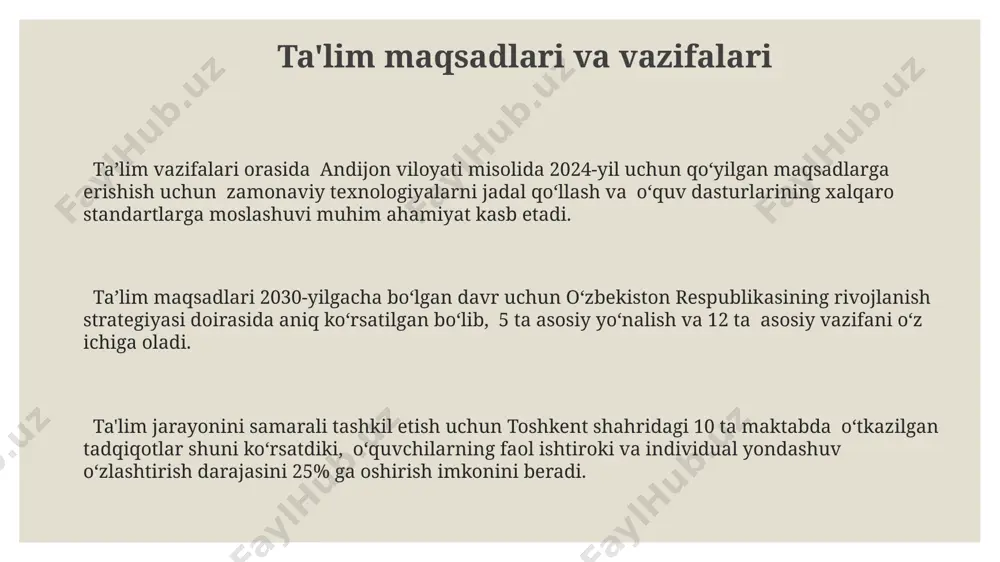 ida o'tkazilgan tadqiqotlar shuni ko'rsatdiki, 50% o'qituvchilarning ingliz tili bo'yicha malakasi yetarli emasligi aniqlangan va bu muammoni hal qilish uchun 30 ta yangi kurs ishlab chiqilgan. ta'lim jarayonini tashkil etishning umumiy tamoyillari ta'lim jarayonini tashkil etishda 3 bosqichli nazorat tizimi (diagnostika, formativ va yakuniy baholash) samarqand davlat universiteti tajribasida samarali qo‘llanilmoqda, bu o‘quv natijalarini 20% ga oshirdi. o‘quv rejalari 5 ta kompetensiyani rivojlantirishga qaratilgan bo‘lib, toshkent shahridagi maktablarda 2023 yilda sinovdan o‘tkazilgan va 15% o‘quvchilarning muvaffaqiyatini yaxshilashga yordam berdi. andijon viloyatida amaliyot o‘tkazilgan tadqiqotlar shuni ko‘rsatdiki, interaktiv o‘quv usullarini qo‘llash o‘quvchilarning faol ishtirokini 30% ga oshirdi va bilim olish samaradorligini yaxshiladi. e'tiboringiz uchun rahmat @taqdimot_robot