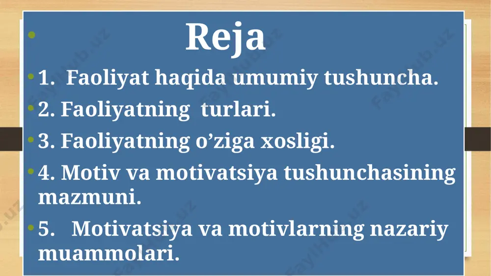 rini namoyon etishini tushuntiruvchi turkumdir. bu - o‘sha oddiy qo‘limizga qalam olib, biror chiziqcha tortish bilan bog'liq elementar harakatimizdan tortib, toki ijodiy uyg‘onish davrida amalga oshiradigan mavhum fikrlashimizgacha bo‘lgan murakkab harakatlarga aloqador ishlarimizni tushuntirib beradi. faoliyat-anglangan maqsad bilan boshqariladigan ichki (psixik) va tashqi (jismoniy) harakatlar yig’indisiga aytiladi. faoliyatning muhim xususiyatlari hayvon faolligi instinkiv-biologik faollik hamkorlikdagi faoliyat emas,biologik maqsadlar,(oziqlanish,himoyalanishga)asoslangan to’da bo’libyurish. ko’rgazmali-yaqqolvaziyatlar bilan boshqariladi. irsiy jihatdan mustahkamlangan dasturlar asosidagi xatti-harakatlar,ko’nikmalar yakka tartibda hosil bo’lib hayvonning yashash uchun tashqi sharoitlarga moslashishi sifatida namoyon bo’ladi. qurol vositalari yasashi. inson faolligi bilishga va muloqatga bo'lgan ehtiyojlar bilan yo'naltirilgan kishilik jamiyati hamkorligidagi faoliyat asosida tashkil topgan, har bir harakat inson uchun hamkorlikdagi faoliyatidagi o'rniga ko'ra ahamiyatlidir predmet va hodisalarni mavhumlashtirish, ular o'rtasidagi sababiy bog’lanish va munosabatlarni aniqlash mumkin 1. tashqi faollik -bu tashqi dunyoda o‘z ichki istak-hohishlarimiz ta’sirida bevosita ko‘rish, qayd qilish mumkin bo‘lgan harakatlarimiz, mushaklarimizning harakatlari orqali namoyon bo‘ladigan faollik. ichki faollik - bu …