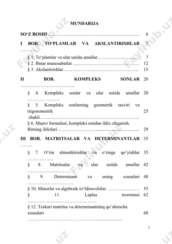 shning jordan normal shakli ……… 251 vii bob. bo‘linish nazariyasi ……………………….. 262 34. bo‘linish belgilari. sonlarning umumiy bo‘luvchisi va karralisi …………………………………………………….. 262 35. uzluksiz va munosib kasrlar ………………………… 270 36. tub sonlar. arifmetikaning asosiy qonuni ……………. 273 viii bob. taqqoslamalar …………………………….. 277 37. taqqoslamalar va ularning xossalari ………………….. 277 38. multiplikativ funksiyalar. eyler va ferma teoremalari…………………………………………………. 282 39. birinchi darajali taqqoslamalar. qoldiqlar haqidagi xitoy teoremasi……………………………………………. 288 40. ixtiyoriy modul bo‘yicha n-darajali taqqoslamalar …... 296 41. lejandr va yakobi simvollari …………………………. 302 42. va modul bo‘yicha boshlang‘ich ildizlar.…….. 312 indekslar …………………….............................................. 317 foydalanilgan adabiyotlar ro‘yhati …...…... 319 so‘z boshi algebra va sonlar nazariyasi kursi bakalavriatning matematika ta’lim yo‘nalishi dastlabki kurslarida o‘qitiladigan asosiy fanlardan biri hisoblanadi. algebra va sonlar nazariyasi kursi chiziqli algebra, gruppalar va halqalar nazariyasi, hamda sonlar nazariyasi bo‘limlarini o‘z ichiga oladi. ushbu o‘quv qo‘llanma kursning chiziqli algebra, bir o‘zgaruvchili ko‘phadlar nazariyasi va sonlar nazariyasi bo‘limlarini qamrab olgan. ma’lumki, hozirgi …