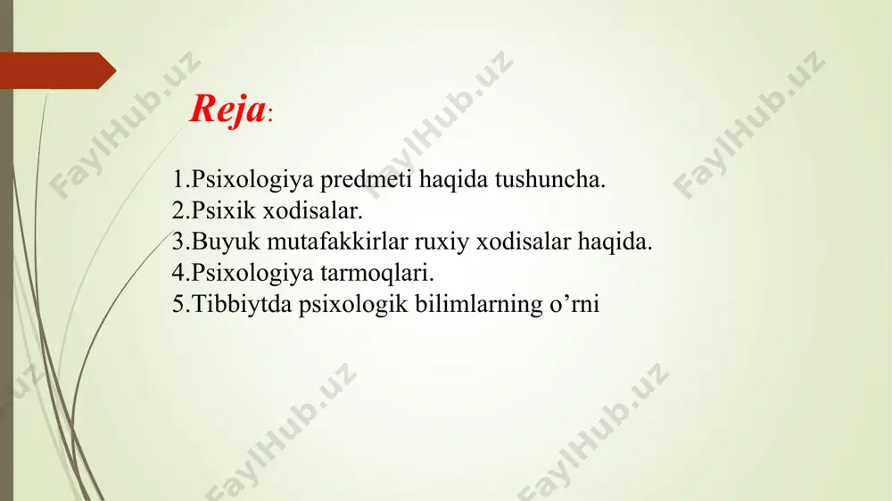(reaksiya tezligi, xotira hajmi, diqqat koʼlami va h.k) va sifat jihatdan oʼrganadi va aniqlikka asoslanadi. koʼpchilik adabiyotlarda psixologiya faning asoschilaridan biri (“otasi”) аristotel deb koʼrsatiladi. аristotel jonning rivojlanishi tirik tabiatning rivojlanishi bilan muvofiq boradi degan gʼoyani ilgari surdi va “jon haqidagi” risolasida aks ettirdi.bu risola psi-ya fani sohasida maxsus yozilgan birinchi asar hisoblanadi. psixologiya fani ko`hna tarixga ega boʼlishiga qaramay, u juda navqiron fandir, chunki ilmiy psixologiya nemis psixologi v.vundt tomonidan 1879 yilda leyptsig (germaniya) universitetida asos solingan birinchi eksperimental laboratoriya ochilishidan boshlanadi psixologiyaning fan sifatida rivojlanishi tarixini 4 bosqichga boʼlish mumkun: psixologiya jon, ruh haqidagi fan sifatida. psi-ya.ga bundan 2500 yil avval shundey taʼrif berilgan. u vaqtdagi inson hayotidagi koʼplab tushunarsiz voqealarni jon, ruh va uning xususiyatlariga bogʼlab tushuntirilgan psixologiya ong haqidagi fan. tabiiy fanlarning rivojlanishi taʼsiri ostida xvii asrda paydo boʼldi. kishining fikrlash, his qilish, istaklaring namoyon boʼlishin ong deb atadilar. psixologiyada xulq-atvor haqidagi fan sifatida. xx asrda …
