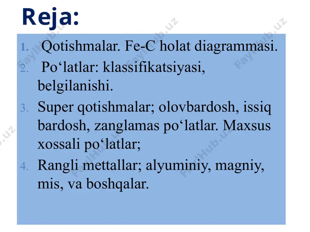 oratli ferrit fazasining mavjudlik chegarasini belgilaydi. hjb peretektik gorizontal chiziq bo’lib, suyuq qotishma bilan ferritning o’zaro ta‘sirlashuvidan, ya‘ni peretektik reaksiya natijasida austenit hosil bo’lishini ifodalaydi. ecf gorizontal chiziq evtektik reaksiya boradigan harorat gorizontali bo’lib, evtektik mexanik aralashma - ledeburidning kristallanishni ko’rsatadi. psk chizig’i esa austenitning parchalanishi natijasida ferrit va sementit hosil bo’lishini ko’rsatadi. fe-fe3c diagrammasidagi h va p nuqtalar yuqori va past haroratda uglerodning temirda erish darajasini belgilaydi. e nuqta uglerodning austenitda eng ko’p erish darajasini belgilaydi. davomi ah chizig’i ferrit bilan suyuq fazani mavjud bo’lish chegarasini belgilasa, anh esa yuqori haroratli ferrit fazasining mavjudlik chegarasini belgilaydi. hjb peretektik gorizontal chiziq bo’lib, suyuq qotishma bilan ferritning o’zaro ta‘sirlashuvidan, ya‘ni peretektik reaksiya natijasida austenit hosil bo’lishini ifodalaydi. ecf gorizontal chiziq evtektik reaksiya boradigan harorat gorizontali bo’lib, evtektik mexanik aralashma - ledeburidning kristallanishni ko’rsatadi. psk chizig’i esa austenitning parchalanishi natijasida ferrit va sementit hosil bo’lishini ko’rsatadi. fe-fe3c diagrammasidagi h va p nuqtalar …