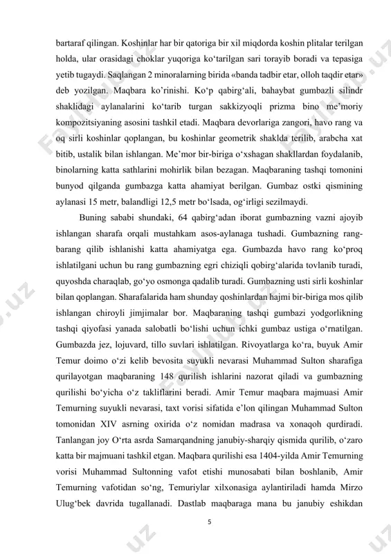 g sababi shundaki, 64 qabirg‘adan iborat gumbazning vazni ajoyib ishlangan sharafa orqali mustahkam asos-aylanaga tushadi. gumbazning rang-barang qilib ishlanishi katta ahamiyatga ega. gumbazda havo rang ko‘proq ishlatilgani uchun bu rang gumbazning egri chiziqli qobirg‘alarida tovlanib turadi, quyoshda charaqlab, go‘yo osmonga qadalib turadi. gumbazning usti sirli koshinlar bilan qoplangan. sharafalarida ham shunday qoshinlardan hajmi bir-biriga mos qilib ishlangan chiroyli jimjimalar bor. maqbaraning tashqi gumbazi yodgorlikning tashqi qiyofasi yanada salobatli bo‘lishi uchun ichki gumbaz ustiga o‘rnatilgan. gumbazda jez, lojuvard, tillo suvlari ishlatilgan. rivoyatlarga ko‘ra, buyuk amir temur doimo o‘zi kelib bevosita suyukli nevarasi muhammad sulton sharafiga qurilayotgan maqbaraning 148 qurilish ishlarini nazorat qiladi va gumbazning qurilishi bo‘yicha o‘z takliflarini beradi. amir temur maqbara majmuasi amir temurning suyukli nevarasi, taxt vorisi sifatida e’lon qilingan muhammad sulton tomonidan xiv asrning oxirida o‘z nomidan madrasa va xonaqoh qurdiradi. tanlangan joy o‘rta asrda samarqandning janubiy-sharqiy qismida qurilib, o‘zaro katta bir majmuani tashkil etgan. maqbara qurilishi esa …