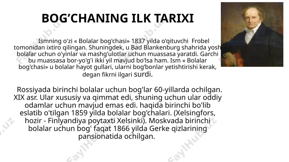 n turkiston bo‘yicha 150-200 nafar bolani qamrab olgan ushbu yetimxonalarda ham yasli yoshidagi, ham maktab yoshidagi bolalar tarbiyalangan. 1891 yilda «bog‘dorchilik» jamiyati tomonidan toshkent istirohat bog‘ida maktabgacha va maktab yoshidagi bolalar uchun «bolalar maydonchasi» ko‘rinishida birinchi bolalar bog‘chasi ochilgan. bolalar bog‘chasi uchun istirohat bog‘i hududidan sersoya joy ajratib berilgan bo‘lib, bu yerda arg‘imchoqlar, qayiqdar o‘rnatilgan, turli o‘yinchoqlar tayyorlangan. bundan tashqari, maydonchada kattagina gulzor tashkil etilib, bu yerda bolalar o‘simliklarni parvarish qilish bilan mashg‘ul bo‘lgan. ammo 1891 — 1903 yillar mobaynida mablag‘ taqchilligi sababli bog‘cha bir necha marta yopilgan. 1896 yilda turkistonda vasiylar kengashi kambag‘allarning bolalari uchun «yasli»lar deb ataladigan muassasalarni tuza boshladi. yasli ishlarini nazoratchi-uslubchi ayol boshqargan, shuningdek, xizmat qiluvchi xodimlar ham bo‘lgan. bu muassasalarda bolalarga o‘qish, yozish , sanash bilan bir qatorda, talay hunarlar ham o‘rgatilgan. biroq, butun o‘lka bo‘ylab shunday yaslilardagi bolalar soni 50—60 nafar boladan oshmagan. bog'cha qanday kelib chiqgan? butun turkiston bo‘yicha 150-200 nafar bolani qamrab …