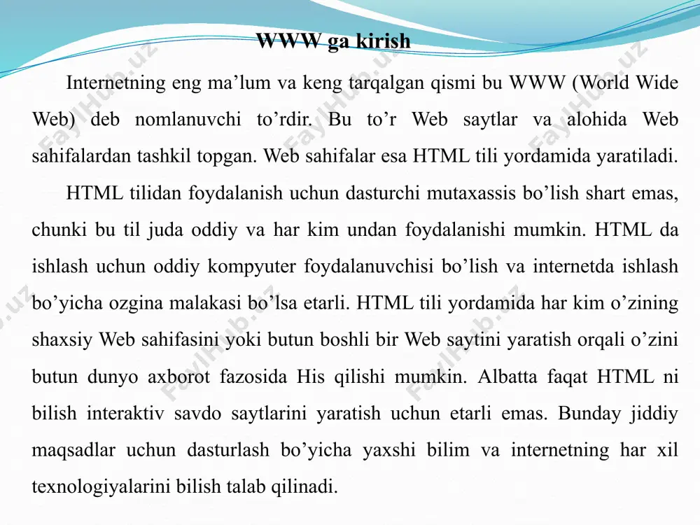 lar, obektlar bilan ishlash, turli yo‘nalishdagi yozuvlarni ishlatish, formalarning yangi xossalari kabi yangiliklar paydo bo‘ldi. html-hujjatlar turli web brouzerlar yordamida ko‘riladi. html hujjatining tuzilishi. teg lar html ning konstrukstiyasi teg lar deyiladi. brauzer teg larni oddiy matnlardan farqlashi uchun ular burchak qavslarga(“ ”) olinadilar. teg tasvirlash jarayoni hatti harakatlarining boshlanishini bildiradi. juft teglarning ikkinchisi birinchisining harakatini yakunlaydi. masalan, har bir web sahifa tegi bilan boshlanib tegi bilan yopilishi kerak. etibor bergan bo’lsangiz yopiluvchi teg ochiluvchidan slesh « / » belgisi bilan farq qiladi. teg nomlari katta yoki kichik harflar bilan yozilishi mumkin, bularni brauzer bir xil qabul qiladi. ba’zi teglar uchun tugallovchi teg bo‘lishi shart emas. masalan: (abzats tegi) tegi uchun tugallovchi teg kerak emas. bunday teglar odatda hujjatni o‘qilishini yaxshilash uchun ishlatiladi. hujjat strukturasi har qanday web sahifa ikkita qismdan tashkil topadi. bular sarlavha qismi va asosiy qism. sarlavha qismida web sahifa haqidagi ma’lumot joylashadi, asosiy qismda esa web …