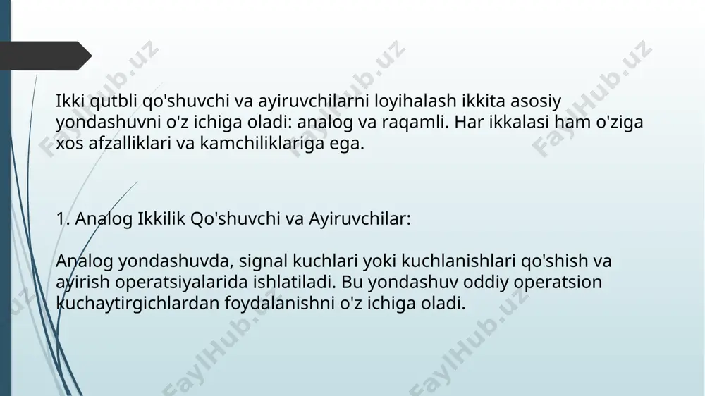 sh biti (carry-in) ni qabul qilib, ikkita chiqish biti – yig'indi (sum) va olib kelish biti (carry-out) ni hosil qiladi. ko'p bitili qo'shuvchilar bir nechta full adderlardan tashkil topgan. * ayiruvchi: ikkilik ayiruvchi qo'shuvchi va ikkinchi sonning ikkilik to'ldiruvchisini hisoblash orqali amalga oshiriladi. raqamli yondashuvning afzalliklari: * yuqori aniqlik: raqamli signalni qayta ishlash yuqori aniqlikni ta'minlaydi. * shovqin ta'siriga chidamlilik: raqamli signallar shovqinlarga nisbatan chidamliroq. * moslashuvchanlik: raqamli qo'shuvchilar va ayiruvchilar turli xil qo'llanmalarga moslashtirilishi mumkin. raqamli yondashuvning analog yondashuvga nisbatan bir qancha muhim afzalliklari bor: * yuqori aniqlik va aniqlik: raqamli signallar diskret qiymatlarga ega bo'lganligi sababli, ular analog signallarga nisbatan aniqroq va aniqroq ma'lumotlarni saqlaydi. analog signallar doimiy o'zgaruvchan bo'lganligi sababli, ular o'lchash va qayta ishlash jarayonida xatolarga moyil. * shovqin ta'siriga chidamlilik: raqamli signallar shovqin ta'siriga juda chidamli. kichik shovqinlar signalni o'zgartirmaydi, chunki signal diskret qiymatlarga ega. analog signallar esa shovqin ta'sirida osongina o'zgaradi. shuning uchun raqamli …