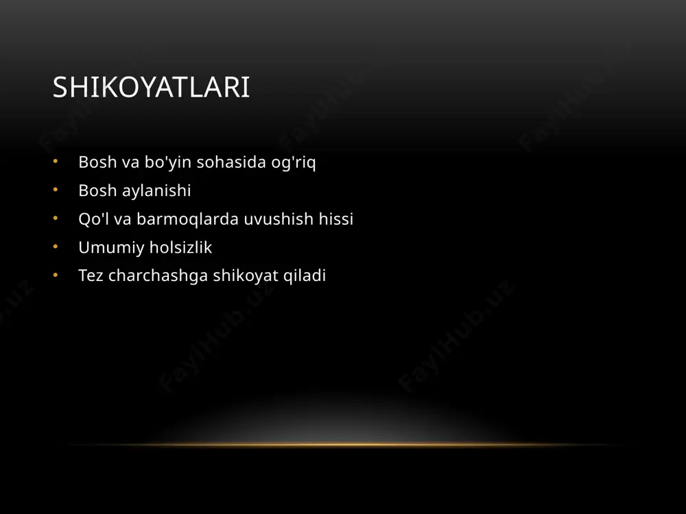 harakatlari aniq, parez, paralichlar yo'q bosh miya nervlari o'zgarishsiz patologik reflekslar aniqlanmadi. dastlabki diagnoz: bo'yin umurtqalari osteoxondrozi bo'yin umurtqalari rentgenografiyasi bo'yin sohasi mskt ekg, exokg jigar, taloq uttsi nevrolog konsultatsiyasi umumiy qon tahlili qon biokimyoviy tahlil siydik tahlili axlat tahlili qon ivish ko'rsatkichi tekshirish rejasi laborator instrumental siydik tahlili ko'rsatma natija norma miqdori 100ml 100ml rangi somon rangda somon rang tiniqligi tiniq tiniq solishtirma og'irligi 1024 1012-1024 oqsil - - glukoza - - epiteliy 2-4 2-5 eritrosit - - leykotsit 1-2 2-4 axlat tahlili ko'rsatkichlar natija muskul to'qimasi - birik. to'qima 2-3 epiteliy leykosit eritrosit yo'q sodda hayvonlar aniqlanmadi gijja tuxumlari aniqlanmadi instrumental tekshiruv natijalari rentgen: bo'yin umurtqalari osteoxondrozi; ekg: yurak urishi ritmik, ritm sinusli utt( buyrak, siydik pufagi): o'ng buyrak 124×61mm, chap buyrak 125×63mm, konturlari aniq, izoexogen, siydik pufagi o'zgarishsiz. jigar konturlari aniq, chegaralari 9×8×7. klinik diagnoz va uni asoslash bemor shikoyatlari: bo'yin va bosh sohasida og'riq, boshni harakatlantirgan …