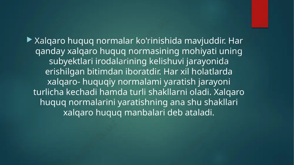 rtasidagi bitimdir. shartnoma xalqaro huquq subyektlari o'rtasida ular uchun yuridik majburiy bo'lgan qoidalar — ulaming o'zaro huquq va majburiyatlarini belgilash, o'zgartirish yoki bekor qilishga doir xalqaro-huquqiy norma- larni yaratish to'g'risidagi bitimni nisbatan aniq va muayyan shaklda ifoda etadi. xalqaro huquq normalarining ko'pchiligi shartnomaviy xu- susiyatga egadir. xalqaro shartnomada xalqaro huquq manbayi sifatida ko'p marta qo'llashga mo'ljallangan umumiy normalar hamda aniq holatlar uchun ilova qilinadigan individual normalar, ya’ni universal va partikulyar normalar ifodalangan bo'lishi mumkin. odat — xalqaro huquq manbai. odat bmt xalqaro sudi statutining 38-moddasida «huquqiy norma sifatida qabul qilingan umumiy amaliyot»ning dalili, deb belgilangan. bunda ikkita xususiyatini — umum qabul qilingan xulq-atvorni, shuningdek, uning yuridik norma (opinio juris) sifatida tan olinganini ko'rish mumkin. xalqaro odat normasi — ko'p yillar davomida hamma tomonidan qo'llanib kelinayotgan yurish-turish qoidalaridir. xalqaro odatning uch asosiy xususiyati mavjud: xalqaro odat normalari uzoq vaqt davomida qo'llanilgan; xalqaro odat normalari xalqaro huquq subyektlari tomo­nidan tan olingan; xalqaro …