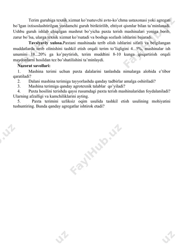 mashinasi bunkerdagi paxta traktor tirkamasiga bo’shatilishi hamda to’g’ridan - to’g’ri quritish-tozalash punktiga keltirilishi zarur. paxtani ushbu usulda terib olishni yaxshilash uchun paxta terish mashinalaridan guruhlab foydalanish, ya’ni bir yoki yonma-yon joylashgan ikki dalada bir necha (4-5 ta ikki qatorli yoki 3-4 ta to’rt qatorli) mashina ishlatish lozim. ammo ishlar bunday tashkil etilganda mashinalarnialohida paykallarga qo’yish kerak. shunday qilinganda har bir mexaniq-haydovchi o’ziga birkitilgan dalada bajarilgan ish sifati uchun shaxsan javobgar bo’ladi. mashinalardan guruhlab foydalanilganda har qaysi agregatning ish sifatini hisobga olish va nazorat qilish osonlashadi, ishlarning bajarilish muddati qisqaradi, mashinalarga tashkiliy texnika xizmati ko’rsatish hamda transport vositalaridan foydalanish yaxshilanadi. paxta terish mashinalarining to’xtovsiz va yuqori unum bilan ishlashini ta’minlash hamda terilgan paxtani tayyorlov punktiga o’z vaqtida yetkazib berish uchun mashinalarning har bir guruhiga traktor tirkamalari birkitib qo’yiladi. shpindellarni yuvishni mexanizatsiyalashtirish va yuvish sifatini yaxshilash maqsadida paxta terish mashinalarning har qaysi guruhiga yuqori bosim bilan ishlaydigan suv purkagich bilan jihozlangan ovx-600 …