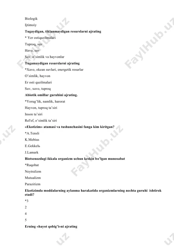 rafik qobiq biosfera pedosfera gidrosfera noosfera tushunchasini fanga kim kiritgan? *e.lerua j.lamark e.gekkelь v.vernadskiy biosfera haqidagi ta’limotning asoschisi *v.vernadskiy v.dokuchaev a.gumbolьdt e.zyuss tugaydigan, tiklanadigan resurslarni ajrating *o’simlik va hayvonlar, suv, tuproq suv, havo, energiya er osti qazilmalari tuproq, suv, havo asosiy issiqxona gazlarini ajrating *co2, n2o, ch4 so, co, co2 so2, o2, no2 co2, so, no2 er yuzida so’nggi 100 yil ichida havo harorati necha gradusga oshgan? *0,8- 10 s 2-30 s 3-40s 4-50s o’zbekistonda atmosferani ifloslovchi asosiy tarmoq * qishloq xo’jaligi transport sanoat transport kommunal-maishiy o’zbekistonda atmosferani ifloslovchi asosiy gaz *uglerod oksidi azot oksidi oltingugurt qo’shoksidi metan o’rta osiyodagi eng sersuv daryo *sirdaryo zarafshon amudaryo chirchiq orol dengizini tiklash mumkinmi? *mavjud suv resurslari bilan tiklab bo’lmaydi kaspiy dengizidan suv keltirib, tiklash mumkin er osti suvlarini chiqarib, tiklasa bo’ladi sibir daryolari suvi bilan to’ldirsa bo’ladi o’zbekistonda suvlarni ifloslovchi asosiy tarmoq * mishloq xo’jaligi energetika kommunal-maishiy sanoat o’zbekistonda sug’oriladigan yerlar necha …