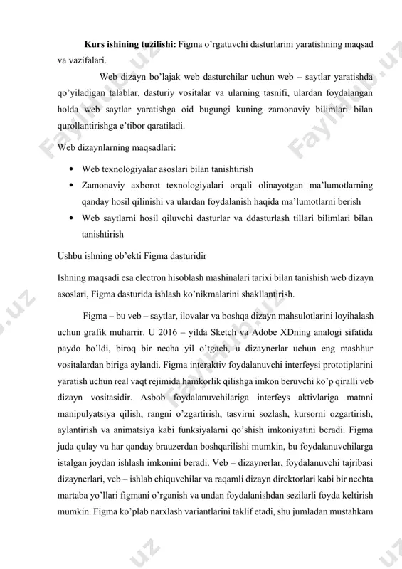 dalanuvchilar bilan hamkorlik qilishlari va shablonlarni, dizaynlarni va vidjetlarni almashishlari mukin. ushbu umumiy ko’rinishda siz figma nima ekanligini, u nima qilishi mumkinligi, undan kim foydalanishi va ushbu mahoratni professional asboblar qutingizga qanday qo’shishni aniqlash uchun uni qanday o’rganish haqida ko’proq bilib olasiz. figma foydalanuvchilarga foydalanuvchi interfeyslari va veb-ilovalarni yaratish va prototipini yaratish uchun real vaqt rejimida hamkorlik qilish imkonini beradi. vektorli grafik dizayn vositalaridan foydalangan holda, dizaynerlar guruhlariveb-saytlar uchun murakkab simli ramka sxemalarini yaratishi mumkin, ularning o’lchamlari istalgan o’lchmdagi ekranlar uchun optimallashtiriladi. bundan tashqari, foydalanuvchilar veb-sahifalari zamonaviy dizaynga o’xshab ko’rinishi va ko’rinishiga ishonch hosil qilishlariga imkon beruvchi o’z dizanlariga aylantirish va o’tish funksiyalarikabi interaktiv elementlarni qo’shishlari mumkin. bu foydalanuvchilarga veb-sahifalarining osongina sinovdan o’tkazilishi mumkin bo’lgan ishchi prototiplarini ishlab chiqarish imkonini beradi, bu esa dizaynerlarga tezda fikr-mulohazalarni olish imkonini beradi. i.bob. figma tushunchasining mazmuni va vazifasi 1.1 figma dasturi qanday ishga tushiriladi. figma – interfeys dizaynida ishlovchi veb – ilova bo’lib …