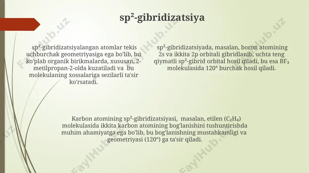 ok etib, gibridizatsiyada qatnashishi mumkin, shunda 6 bo'sh orbital hosil bo'ladi. markaziy ionning bo'sh orbitalari soni, masalan, 6 koordinatsion komplekslarda 6 ta bo'lishi mumkin va bu orbitalar sp³d² yoki d²sp³ gibridizatsiyasiga olib kelishi mumkin. hibridizatsiya tushunchasi hibridizatsiya tushunchasi atom orbitallarining aralashuvi natijasida yangi, energetik jihatdan teng va fazoviy yo'nalishi boshqacha bo'lgan gibrid orbitallarning hosil bo'lishini ifodalaydi, masalan, metan (ch₄) molekulasida uglerod atomining 4 ta sp³ gibrid orbitali hosil bo'ladi. gibridizatsiya tushunchasi kimyoviy bog'lanish nazariyasining muhim qismidir va 1930-yillarda linus pauling tomonidan taklif qilingan bo'lib, u kimyoviy birikmalarning geometriyasini tushuntirishga yordam beradi, masalan, tetraedrik geometriyaga ega bo'lgan molekulalarda. hibridizatsiya jarayonida s va p orbitallarning aralashuvi natijasida 2 ta sp, 3 ta sp², yoki 4 ta sp³ gibrid orbitali hosil bo'lishi mumkin. bu moskva davlat universiteti kimyo fakulteti o'quv dasturlarida batafsil o'rganiladi. sp³-gibridizatsiya sp³-gibridizatsiya natijasida hosil bo'lgan gibrid orbitalar orasidagi burchak taxminan 109,5° ni tashkil etadi va bu burchak azot (n) va …
