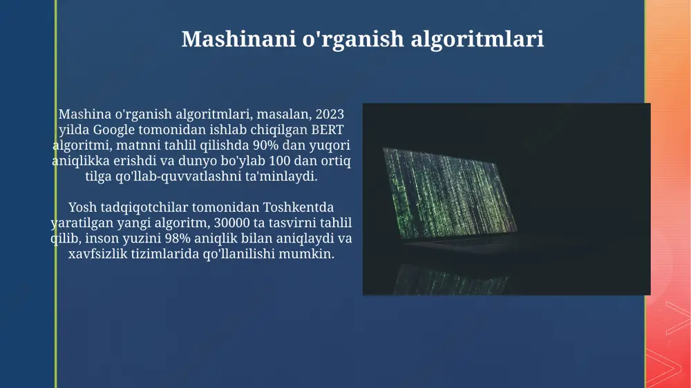 ning samaradorligini ko'rsatadi. 2022-yilda o'zbekistonning andijon viloyatida o'tkazilgan tadqiqotda, 300 ga yaqin fermer xo'jaliklaridan qishloq xo'jaligi mahsulotlari yetishtirish bo'yicha ma'lumotlar sensorlar va gps texnologiyalari yordamida to'plangan, bu esa aniq va ishonchli natijalarga olib keldi. e'tiboringiz uchun rahmat @taqdimot_robot image4.jpg image5.jpg image6.jpg image7.jpg image8.jpg image9.jpg image10.jpg image11.jpg image12.jpg image13.jpg image14.jpg image15.jpg image16.jpg image17.jpg image18.jpg image19.jpg image20.jpg image2.png image3.png
