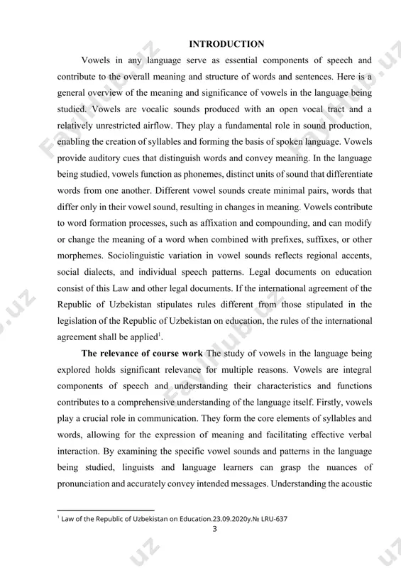 to analyze and appreciate the intricate details of pronunciation, verbal communication, and linguistic diversity within that particular language community. the increasing position of the english language in the world and the reasons for teaching english by lingua franca in uzbekistan, as well as the impact of the president's decisions on strengthening the teaching of this language at all levels of education after gaining independence. the use of new methods and experience of a country with a high educational rating (finland) in teaching a foreign language is studied[footnoteref:2] [2: https://cyberleninka.ru/article/n/o-zbekiston-ta-lim-tizimida-ingliz-tili/viewer] the purpose of scientific research on the subject of vowels in the language being studied serves multiple purposes, all aimed at deepening our understanding of language and its intricate phonetic, phonological, and sociolinguistic aspects. firstly, this research seeks to unravel the phonetic properties of vowels in the language. by examining the articulatory mechanisms involved in vowel production, researchers can uncover the …