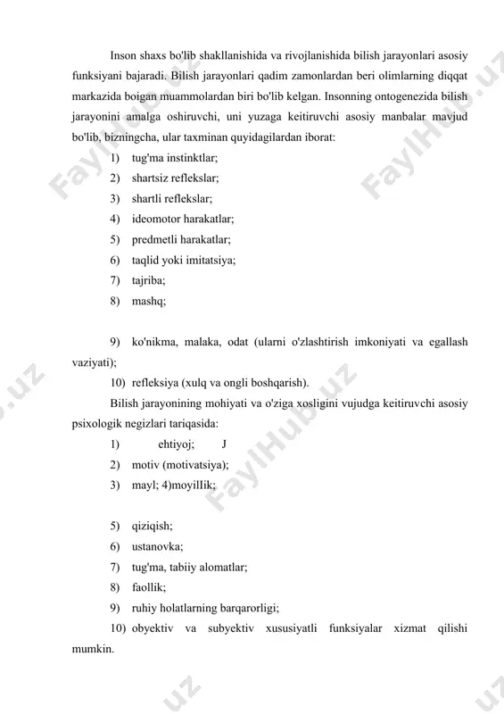 igi darajasining oshirilishini taqozo etadigan tarzda ongning yo 'naltirilganligi va hir narsaga qaratilganligidir. diqqatni ma'lum obyektga qaratish uchun irodaviy kuch, g'ayrat sarflash zarurati ishga tushayotgan paytda, binobarin, qiyinchiliklar paydo bo'lganida, bilishga oid qiziqish susayganida va, shuningdek to'siqlar mavjud bo'lgan kezlarda aniq-ravshan namoyon boiadi. hosil bo'lish xususiyatiga va amal qilish usullariga ko'ra diqqat-ning ikkita asosiy tori mavjud: 1) ixtiyorsiz diqqat; 2) ixtiyoriy diqqat. ixtiyorsiz diqqat kishining anglashilgan niyatlari va maqsadlaridan mustasno tarzda hosil boiadi va qoilab-quvvatlanadi. ixtiyorsiz diqqatning paydo boiishi jismoniy, psixofiziologik va psixik omiliar bilan belgilanadi. individning ehtiyojlariga muvofiq keladigan, uning uchun ahamiyatiga ega boigan qo'zg'atuvchilar ixtiyorsiz diqqatni qo'zg'aydi. ixtiyorsiz diqqatda bevosita qiziqishning o'rni benihoya kattadir. nimaiki qiziqarli, maroqli, hissiyotga boy, zavqli bo'lsa, diqqatning uzoq vaqt mobaynida to'planib turishini taqozo etadi. ixtiyorsiz diqqat shaxsning umumiy yo'nalganligiga ham bogiiqdir. 11) ixtiyoriy diqqat ongli ravishda boshqariladigan va tartibga solina-digan diqqat-e'tibordir. ixtiyoriy diqqat ixtiyorsiz diqqat zamirida hosil boiadi. ixtiyoriy diqqat agar kishi faoliyati …