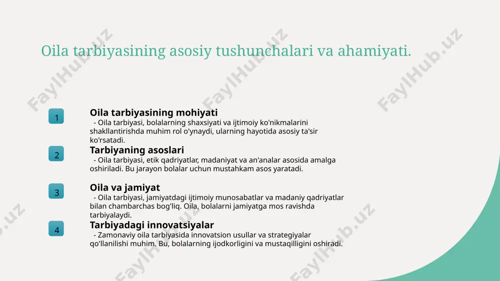 va ularning tarbiyadagi ta'siri. oila an'analari oila an'analari, oilaning tarbiyasidagi muhim omil bo'lib, bolalarda madaniy va axloqiy qadriyatlarni shakllantirishda asosiy rol o'ynaydi. tarbiya va an'ana an'analar, oilaviy tarbiyada bolalarga o'z ko'nikmalarini rivojlantirishda yordam beradi, shuningdek, oilaviy madaniyatni saqlab qolishda muhim ahamiyatga ega. misollar va natijalar o'zbek oilalarida bayramlar, an'anaviy marosimlar bolalarga o'tmishni o'rganishga, kattalarga hurmat ko'rsatishga va ijtimoiy ko'nikmalarni rivojlantirishga yordam beradi. madaniy meros va uning bola tarbiyasidagi roli. 1 madaniy merosning ta'rifi madaniy meros, avloddan avlodga o'tadigan an'analar, qadriyatlar va bilimlar to'plamidir. bu, bolalarning shaxsiyati va ahloqiy rivojlanishiga ta'sir ko'rsatadi. 2 madaniyat va tarbiya oila madaniyati, bolalarning tarbiyasida muhim rol o'ynaydi. madaniy qadriyatlar, ota-onalar tomonidan bolalarga o'rgatilishi lozim bo'lgan asosiy tamoyillardir. 3 an'analar va shaxsiyat an'analar, bolalarning shaxsiyatini shakllantirishda muhim ahamiyatga ega. ular, o'zligini anglash va ijtimoiy ko'nikmalarni rivojlantirishda yordam beradi. oila tarbiyasida etik qadriyatlarni amaliyotga tatbiq etish. 1 etik qadriyatlar - oila tarbiyasida etik qadriyatlar, masalan, halollik, adolat …