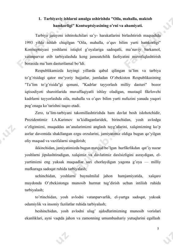 adriyatlar uyg’unligi ekanligi e’tirof etildi, milliy va umuminsoniy tarbiyaning quyidagi o’zaro aloqalari, uyg’un yo’nalishlari belgilab olindi. milliy tarbiya yo’nalishi orqali yoshlarda o’zlikni anglash, vatanparvarlik, milliy g’urur, millatlararo muloqot madaniyati, milliy mafkuraviy onglilik, milliy odob, fidoyilik fazilatlari shakllantiriladi. umuminsoniy yo’nalishda huquqiy, iqtisodiy, jismoniy, aqliy, estetik, ekologik, gigityenik va boshqa tarbiya yo’nalishlari amalga oshiriladi. bu kontseptsiya milliy davlatchilik va jamiyat qurilishi talablari asosliligini ta’minlaydi. kontseptsiyada oilaga alohida e’tibor qaratildi. o’zbekistonda 1998 yil "oila yili" deb e’lon qilinishi oilaning tarbiyaviy rolini yanada kuchaytirdi. qayd etilgan masalalar jamiyatimiz, xalqimiz, davlatimiz taqdiri va uning dunyo miqyosidagi syosiy, iqtisodiy, ijtimoiy salohiyatini shakllantirishda g’oyat katta ahamiyatga ega ekanligiga o’zbekiston respublikasi vazirlar mahkamasining 1998 yil 26 martda qabul qilingan "ijtimoiy-ma’naviy muhitni yanada sog’lomlashtirish, diniy aqidaparastlikning oldini olish chora-tadbirlari to’g’risida"gi 130-sonli qarori misol bo’la oladi. shuningdek, o’zbekiston respublikasining "ta’lim to’g’risida"gi qonunining 30-moddasida "voyaga yetmagan shaxslarning ota-onalari yoki qonuniy vakillari shaxsning qonuniy huquqlari va manfaatlarini himoya qilishlari shart hamda ularning …