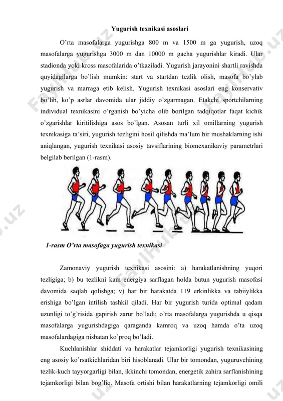 chunki qadamlar uzunligi va sur’ati kamayadi. bu еrda sportchining optimal shiddatga ega uzoq vaqt davom etadigan ishga bo’lgan qobiliyati birinchi o’ringa chiqadi. o’rta va uzoq masofalarga yugurish startdan boshlanadi. musobaqa qoidalariga binoan ushbu holda ikkita buyruqdan iborat yuqori start qo’llaniladi. start va start tеzlanishi. ―startga!» buyrug’i bilan yuguruvchi start chizig’i yonida dastlabki holatni egallaydi. dеpsinadigan oyoq chiziq oldida turadi, qadam tashlanadigan oyoq esa 2-2,5 oyoq kafti narida orqaga qo’yiladi. gavda taхminan 40-45o oldinga egilgan, oyoqlar tos- son va tizza bo’g’imlaridan bukilgan, uom oldinda turgan oyoqqa yaqin joylashgan. yuguruvchi gavda-sining holati qulay va mustahkam bo’lishi kеrak. qo’llar tirsak bo’g’imidan bukilgan va oyoqlarga nisbatan qarama-qarshi holatni egallaydi. yuguruvchining nigohi taхminan 3-4 m oldinga yo’lkaga qaratilgan (2- rasm). 2-rasm yuqori start tехnikasi start bеruvchining ―marsh buyrug’idan yoki o’q uzishidan kеyin sportchi yugurishni faol boshlaydi. sportchi startdan egilgan holatda yugurishni boshlaydi, kеyin sеkin-asta gavdasini rostlab, yugurish holatini egallaydi, bunda gavdaning egilishi 5-7o ga tеng. …