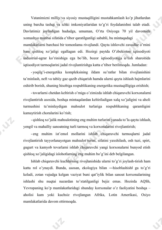 ab chiqaruvchi kuchlarning rivojlanishida ularni to’g’ri joylash-tirish ham katta rol o’ynaydi. bunda, asosan, ekologiya bilan ―hisoblashish‖ ga to’g’ri keladi, zotan vujudga kelgan vaziyat buni qat’iylik bilan sanoat korxonalarining ishlashi shu nuqtai nazardan to’xtatilganligi bejiz emas. hozirda aqsh, yevropaning ko’p mamlakatlaridagi shunday korxonalar o’z faoliyatini boshqa – aholisi kam yoki kuchsiz rivojlangan afrika, lotin amerikasi, osiyo mamlakatlarida davom ettirmoqda. umuman tarmoq deganda, korxonalarning ma’lum o’xshash xususiyatlariga ko’ra guruhlanishi tushuniladi. sanoat tarmoqlari, odatda, uch asosiy mezon asosida ajratiladi. ular: · xomashyo birligi bo’yicha ajratilgan sanoat tarmoqlari (mashinasozlik va metallni qayta ishlash, o’rmon, yog’ochni qayta ishlash va sellyuloza-qog’oz sanoati va h.k.); · iste’mol birligi, ya’ni muayyan maqsadda mahsulot ishlab chiqaruvchi tarmoqlar (yengil va oziq-ovqat, qurilish, elektr-energetika va b.); · texnologik jarayon asosida tashkil etilgan sanoat tarmog’i (kimyo sanoati). sanoatning tarmoqlar tizimi nihoyatda murakkab va u borgan sari o’zgarib bormoqda. eng yirik tarmoqlar sifatida yoqilg’i, energetika, qora va rangli metallurgiya, kimyo va neftni qayta …