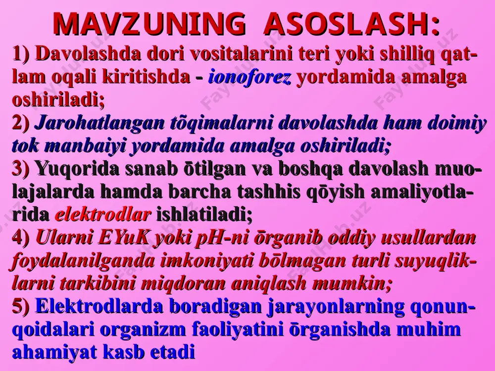 arakatlanayotgan ionlarning sekundiga metr hisobidagi tezligi ionlarning absolyut tezligi deyiladi. kuchsiz elektrolitlar uchun cheksiz suyultirilgandagi elektr ōtkazuvchanlikni topishda kolraush qonunidan foydalanamiz. ekvivalent elektr ōtkazuvchanlik anion va kationlarni elektr ōtkazuvchanliklarini yiğindisiga teng: λ∞= λк+ λа, bu erda: λк - va λа - anion va kationni harakatchanligi. λк= f∙ υк ; λа= f∙ υa bu erda: υк - va υa- anion va kationni absolyut tezligi. λ∞= f∙ υк + f∙ υa = f(υк + υa) ekvivalent elektr ōtkazuvchanlik λ kolraush kōprigi yordamida aniqlanadi va α hisoblanadi. elektrolitlarni k дисс. konduktometrik usul bilan aniqlash konduktometrik titrlash kuchli kislotani kuchli asos bilan titrlas æ hcl +naoh → e.n. v naoh, ml konduktometrik titrlash kuchsiz kislotani kuchli asos bilan titrlash æ ch3cooh + naoh e.n. v naoh, ml konduktometrik titrlash kuchli va kuchsiz kislotalar aralashmasini kuchli asos bilan titrlash æ hcl + ch3cooh + naoh → e.n.1 e.n.2 v naoh, ml potensiometrik titrlash deb solishtir-ma …