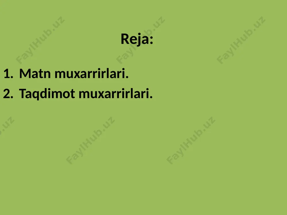 jitish home kursorni qator boshiga siljitish page up ekran betlarini yuqoriga varaqlash page down ekran betlarini pastga varaqlash matnda harakatlanish uchun ishlatiladigan asosiy tugmachalar: 2. taqdimot muxarriri microsoft powerpoint – taqdimotlar yaratish dasturidir. taqdimot – tartiblangan slaydlar to`plami bo`lib, ular yordamida konferensiyalarda chiqishlarni, bajargan ish haqidagi ma’lumotlarni, ma’ruzalarni ko`rgazmali ifodalab berish mumkin. slayd – ma’lum bir o‘lchamlarga ega bo‘lgan ko’rgazmali varaq hisoblanadi. unda biror maqsad bilan yaratilayotgan namoyish elementlari joylanadi. ms powerpoint dasturini ishga tushirish. «пуск»=>«все программы»=>«ms office» => «ms power point» buyrug`i beriladi. microsoft powerpoint dasturi interfeysi: powerpoint quyidasgilarni o`z ichiga oladi: sarlavha satri; lenta; ishchi oyna; holat satri. lenta bo`limlari: файл, главная, меню, вставка, дизайн, переходы, анимация, показ слайдов, рецензирование, вид, office tab,раскадровка, формат. powerpoint dasturining imkoniyatlari: 1. taqdimotlar yaratish uchun shablonlardan foydalanish. 2. amallarni bekor qilish. 3. amallarni takrorlash. 4. avtomatik saqlash rejimini yangilaydi. 5.microsoft equation formulalar muharri bilan ishlash 6. gipermurozhaatlar yaratish. 7. orfografiya va grammatikani …