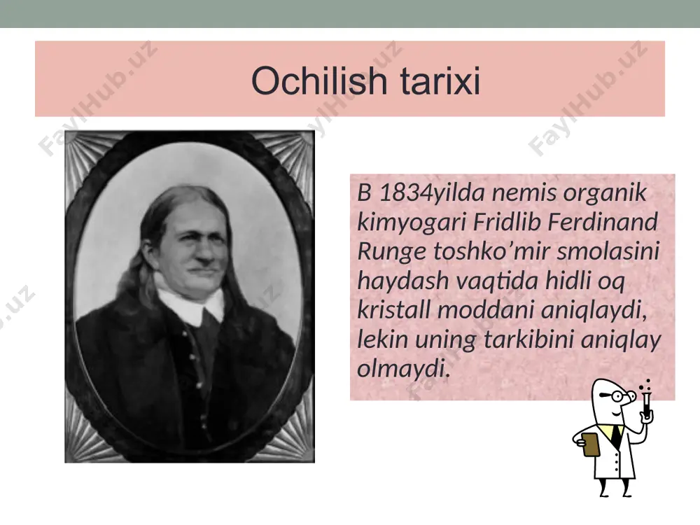 uvli eritmalarida erimaydigan toshko`mir smolasi uglevodorodlaridan ajratiladi. so`ngra fenolyatlar kislotalar bilan ishlanib, fenollarga aylantiriladi, nihoyat ularni qaytadan fraksion haydaladi va tozalanadi. 2. izopropil benzoldan fenol olish eng qulay usul hisoblanadi. bu usulda avval benzoldan izopropilbenzol (kumol) hosil qilinadi. so`ngra uni havo kislorodi bilan oksidlab, gidroperoksid hosil qilinadi. gidroperoksid kislotali muhitda fenol va asetonga aylanadi: 3. fenol shuningdek, benzolsulfokislotaning natriyli tuziga o`yuvchi natriy qo`shib, suyuqlanguncha qizdirilib olinadi (a.kekule reaksiyasi): c6h5so3na + naoh → c6h5oh + na2so3 4. aromatik galogenli birikmalardan xlorbenzolni gidroliz qilib, fenol olish mumkin: + naoh с6h5сl c6h5oh - naci reaksiya natijasida oz miqdorda difenil efir (c6h5)2o ham hosil bo`ladi. fenol va uning sanoatda ishlatilishi fenol rangsiz, o`ziga xos hidli kristall, u 43oc da suyuqlanib, 182oc da qaynaydi. uzoq vaqt ishlatilmasa, oksidlanib pushti ranga kiradi. fenol spirt va efirda yaxshi eriydi. suvda qizdirilganda eriydi. zaharli! teriga tegsa kuydiradi. fenol asosan sintetik smolalar va plastik massalar ishlab chiqarishda, shuningdek, bo`yoqlar, …
