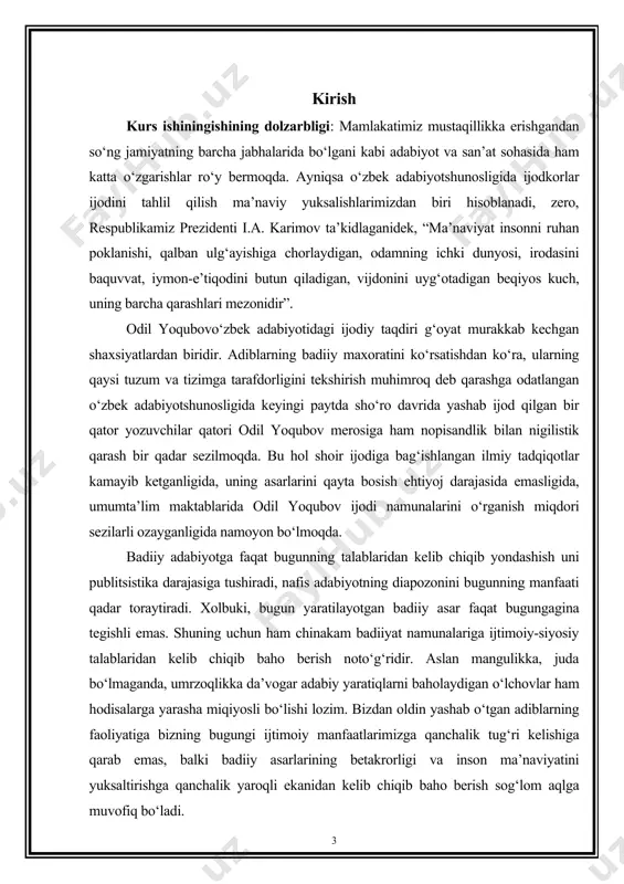 laridan kelib chiqib yondashish uni publitsistika darajasiga tushiradi, nafis adabiyotning diapozonini bugunning manfaati qadar toraytiradi. xolbuki, bugun yaratilayotgan badiiy asar faqat bugungagina tegishli emas. shuning uchun ham chinakam badiiyat namunalariga ijtimoiy-siyosiy talablaridan kelib chiqib baho berish noto‘g‘ridir. aslan mangulikka, juda bo‘lmaganda, umrzoqlikka da’vogar adabiy yaratiqlarni baholaydigan o‘lchovlar ham hodisalarga yarasha miqiyosli bo‘lishi lozim. bizdan oldin yashab o‘tgan adiblarning faoliyatiga bizning bugungi ijtimoiy manfaatlarimizga qanchalik tug‘ri kelishiga qarab emas, balki badiiy asarlarining betakrorligi va inson ma’naviyatini yuksaltirishga qanchalik yaroqli ekanidan kelib chiqib baho berish sog‘lom aqlga muvofiq bo‘ladi. i bob. odil yoqubovning hayoti va ijodiy faoliyati. adibning o’zbek adabiyotiga qo’shgan xissasi yuksak saviyadagi badiiy asarlar yaratishga qodir bo’lgan haqiqiy iste’dodlar kam uchraydi. zabardast adib va jamoat arbobi odil yoqubov ana shunday noyob iste’dod sohiblaridan biridir. u o’z ijodi bilan xx asr o’zbek adabiyotini boyitib, badiiy tafakkur taraqqiyotiga salmoqli hissa qo’shdi. odil yoqubov 1927 yilda qozog’istonning chimkent viloyati turkiston tumanidagi otaboy qishlog’ida …