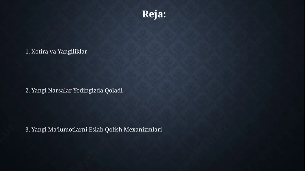 eslab qolishga olib keladi. amaliy mashqlar va misollar toshkentdagi 5-sinf o'quvchilari bilan o'tkazilgan tajriba natijalariga ko'ra, 30 ta murakkab matematik misol yechish xotira hajmini 15% ga oshirgan. farg'ona vodiysidagi 2 ta maktabda o'tkazilgan tadqiqotlar shuni ko'rsatdiki, yangi geografik atamalarni xarita bilan birga o'rganish ularni 7 kun davomida eslab qolish imkoniyatini 80% ga oshiradi. asosiy fikrlarni ajratib olish muhim fikrlarni grafikalar, xaritalar va jadvallar kabi vizual vositalar yordamida taqdim etish, masalan, tokiodagi ma'lumotlarni tahlil qilishda, ma'lumotlarning 40%ini tezroq va samaraliroq yodlash imkonini beradi. 2023-yilgi tadqiqotlar shuni ko'rsatdiki, matnni ranglar yoki raqamlar yordamida segmentlarga bo'lish, masalan, har bir segmentga 3 ta kalit so'z qo'shish orqali, london universitetining eksperimentlarida xotirani 25% ga oshirgan. yangi ma'lumotlarni qayta ishlash yangi ma'lumotlarni qayta ishlash jarayonida miya 7 dan ortiq qismlarni faollashtiradi, shu jumladan hipokampus va amigdala, bu esa 20-30 soniya ichida yangi faktlarni saqlashga yordam beradi, ayniqsa, londonda o'tkazilgan tadqiqotlar shuni ko'rsatdi. miya yangi ma'lumotlarni kodlash …