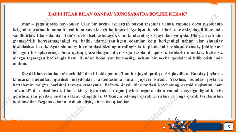 ‘g‘ri tarbiyalamasa, ular odamlarga istalgan paytda tashlanib qolishlari va xavf tug‘dirishlari mumkin. bunday itlar bilan hech qachon o‘ynashga harakat qilmang, qo‘lingizni unga uzatmang. ayniqsa, uning bo‘ynida bog‘ichi bo‘lmasa, unga umuman yaqinlashmaginingiz ma’qul. ko‘chada shunday holatga duch kelsangiz, itning egasiga murojaat qiling. undan muloyimlik bilan itni ushlab turishini va bu yerdan tezda o‘tib olishingiz kerakligini ayting. hech qachon itning egasi bilan qo‘pol muomalada bo‘lib, unga baqirib gapirishga harakat qilmang. bunday vaziyatda it sizni xo‘jayiniga tashlanyapti deb o‘ylashi va uni himoya qilish uchun sizga tashlanib qolishi mumkin. hatto tanish va doim siz bilan yaxshi munosabatda bo‘lgan itlar ham qorinlari och yoki yaqinda bolalagan bo‘lsa, birdan qopog‘on itga aylanib qolishi mumkin. itning sizga tashlanmasligiga ishonchingiz komil bo‘lmaguncha unga yaqinlashmang. do‘stlashish istagida bo‘lgan itlar o‘z istaklarini dumlarini silkitish hamda “kulish” orqali bildiradilar. agar u quloqlarini birlashtirsa, shuningdek, tepa lablarini ko‘tarsa, tishlarini ko‘rsatib, irrilagan tovush chiqarayotgan bo‘lsa, zudlik bilan orqaga qayting va uni o‘z holiga …