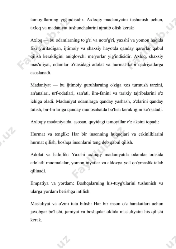 i hamjihatlikni rivojlantirish uchun bir-biriga yordam berish va bir-birining holatini tushunish muhim ahamiyatga ega. empatiya, ya'ni boshqalarni tushunish va ular bilan hamdard bo'lish, jamiyatda yaxshi axloqiy madaniyatni yaratishga xizmat qiladi. axloqiy madaniyatning taraqqiyoti: axloqiy madaniyat har doim o'zgarib boradi. bu o'zgarishlar jamiyatning ijtimoiy, iqtisodiy va siyosiy o'zgarishlariga, ilm-fan va texnologiya rivojlanishiga hamda xalqaro munosabatlarga qarab yuz beradi. masalan: texnologik o'zgarishlar: internet va ijtimoiy tarmoqlarning rivojlanishi bilan odamlar o'zaro muloqot qilish tarzini o'zgartirdi. bu axloqiy madaniyatni yangi masalalarga, jumladan, onlayn shaxsiy hayotga, axloqiy manipulyatsiya va onlayn adolatga qarshi kurashga olib keldi. globalizatsiya: globalizatsiya jamiyatlarning bir-biri bilan bog'lanishiga va turli madaniyatlarni bir-biriga ta'sir etishiga olib kelmoqda. bu holat ijtimoiy axloqiy qadriyatlarning yangi kontekstlarda rivojlanishiga sabab bo'ladi. misol uchun, inson huquqlari va ekologik axloqiy qadriyatlar bugungi kunda global miqyosda keng muhokama qilinmoqda. din ko'plab jamiyatlarda axloqiy madaniyatning shakllanishiga ta'sir ko'rsatgan eng muhim omillardan biridir. har bir din o'zining axloqiy tamoyillarini belgilaydi va ular …
