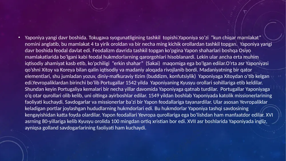 lari hisoblanardi. ular syogun mulklaridagi aholi ustidan nazoratni amalga oshirishar, soliq va majburiyatlarning bajarilishini ta’minlardilar. samuraylarning asosiy qismini syogun, daymelar va xatamotolarning drujinachilari tashkil qilardi. samuraylarning ko’pchiligi yer mulkka ega bo’lmay, o’z xo’jayinidan ish haqi olardilar. samuraylar tabaqaviy ruhda tarbiyalanardilar. ularning ahloqi samuray sha’nining alohida kodeksi bo’lgan busido asosida (aynan “samuraylar so’qmog’i”) tartibga solinardi, ularga harbiy ishdan boshqa biror bir ish bilan shug’ullanish taqiqlangan edi. bu kodeksni buzgan samuray qilich bilan o’zini o’ldirishi, ya’ni harakiri qilishi kerak edi. tokugavalar davriga kelib feodallarning o’zaro urushlari kamayib ketgach, samuraylarning ahvoli yomonlashdi. knyazlarga ko’p sonli samuraylar kerak bo’lmay qoldi. ko’plab samuraylar o’z xo’jayinlaridan ajralib, xonavayron bo’lib, roninlarga (“daydi odamlar”) aylandilar. ko’pincha ular tabiblar, o’qituvchilar, mayda xizmatchilar, hunarmandlar va savdogarlarga aylanardilar. tokugava syogunatligi davrida yaponiya aholisi 4 tabaqaga ajratilgan edi: 1) samuraylar, 2) dehqonlar, 3) hunarmandlar, 4) savdogarlar. samuraylarning imtiyozli tabaqa ekanligi har tomonlama takidlanardi. past tabaqa a’zolarining turmushi turli xil kamsituvchi tartiblar asosida …
