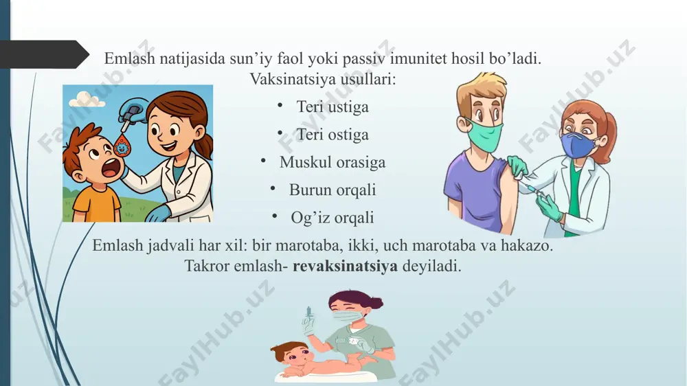 qilish mumkin, ammo vaksinatsiya pullik hisablanadi. narxi 67$. chaqaloqlarni emlanishida ahamiyat kasb etuvchi shaxslar: ota- ona yoki vasiy vazifalari: farzandlarining emlash jadvalini bilishi va vaqtida olib borishi; tibbiy xodimlarga to’g’ri ma’lumot berishi: bola sog’ligi, allergiyalari, kasalliklari, avvalgi vaksina reaksiyalari haqida: vaksinadan keying holatni kuzatishi; emlash haqida ma’lumotga ega bo’lishi va shifokor bilan maslahatlashishi. patronaj hamshirasi vazifalari: tug’ilgan chaqaloqni vaqtida ro’yxatga olish; har bir bolani emlash kalendariga muvofiq kuzatib borish; ota-onalarga emlash turi, ahamiyati va jadvali haqida tushuncha berish; emlash kuni haqida ota-onani ogohlantirish, bolani tayyorlash; emlashdan keyin bolani holatini kuzatish. emlash hamshirasi vazifalari: vaksinalarni to’g’ri saqlash, tashish; emlashdaftarcha va hisobotlarni to’g’ri yuritib boorish, emlash sanasi, turi va joyini to’g’ri kiritish; emlashdan oldin bola holatini visual kuzatish; emlashni to’g’ri texnikada amalga oshirish; emlashdan so’ng bolani 30 daqiqalik nazoratga olish. 30 umumiy amaliyot shifokori vazifalari: bolaning umumiy sog’ligini tekshirish, emlashga ruxsat berish yoki vaqtincha kechiktirish; vaksina haqida ota-onaga tibbiy asoslangan tushuntirish berish; …
