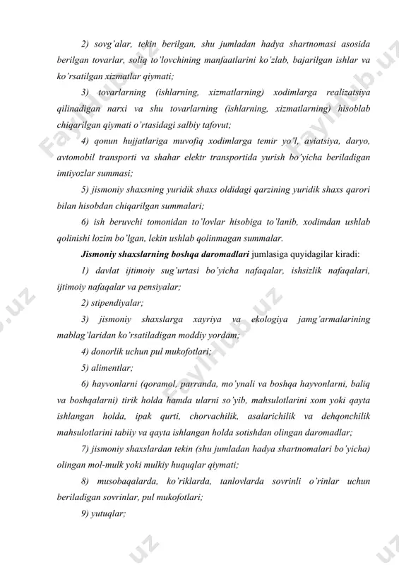 lgan bir yo’la beriladigan davlat pul mukofoti yoki shunga teng bahodagi esdalik sovg’alarining qiymati; 14) xalqaro sport musobaqalarida sovrinli o’rinlarni egallaganligi uchun sportchilar olgan bir yo’la beriladigan pul mukofoti; 15) xodim bilan mehnat shartnomasi alohida asos bo’yicha tugatilgan taqdirda, mehnat to’g’risidagi qonun hujjatlariga muvofiq moddiy yordam sifatida beriladigan ishdan bo’shatish nafaqasi va boshqa to’lovlar. 3. jismoniy shaxslarning daromadlarini soliqqa tortishdagi imtiyozlar jismoniy shaxslarning daromadlarini soliqqa tortishda imtiyozlar qo’llash 2 xil usulda amalga oshiriladi: 1. jismoniy shaxslarning soliq solinmaydigan daromadlarini belgilash. 2. jismoniy shaxslarni soliq solishdan ozod qilish jismoniy shaxslarning quyidagi daromadlariga soliq solinmaydi: 1) moddiy yordam summalari: tabiiy ofat, boshqa favqulodda holatlar munosabati bilan beriladigan moddiy yordam summalari - to’laligicha; vafot etgan xodimning oila a‘zolariga yoki oila a‘zosi vafot etganligi munosabati bilan xodimga beriladigan moddiy yordam summalari - eng kam ish haqining yigirma baravarigacha miqdorda; boshqa hollarda - eng kam ish haqining o’n ikki baravarigacha miqdorda; 2) yo’llanmalar qiymatini yuridik …