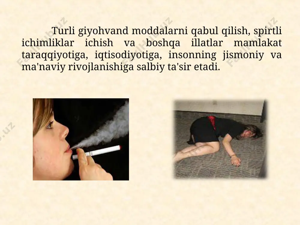 latning asosi bo’lib xizmat qiladi. biz yoshlar sog’lom kelajak tarafdorlarimiz!!! mavzu: zararli odatlar turli giyohvand moddalarni qabul qilish, spirtli ichimliklar ichish va boshqa illatlar mamlakat taraqqiyotiga, iqtisodiyotiga, insonning jismoniy va ma'naviy rivojlanishiga salbiy ta'sir etadi. xxi asr vabosi vujudga kelish sabablari ilmiy-tadqiqotlarining aniqlanishicha, tamaki tutunining tarkibida 3000 dan ko`proq har xil zaharli kimyoviy moddalar bor. shulardan ayniqsa, nikotin, ammiak, karbonat angidrid, benzol, poloniy, kadmiy kabilar odam organizmiga kuchli zaharli ta‘sir ko`rsatadi. boshlang’ich salbiy oqibati tamaki tutuni tarkibida rak kasalligini yuzaga keltiradigan 50 dan ko`proq kimyoviy modda bor. shuning uchun ham chekuvchilar orasida chekmaydigan- larga nisbatan rak kasalligi 20 marta ko`p uchraydi. o’pka raki bilan kasallanganlarni 95 foizi tamaki chekuvchilardir. xalqaro sog` liqni saqlash tashki- lotining ma‘lumotiga ko`ra, har yili dunyoda chekish oqibatida yuzaga kelgan kasalliklardan 2,5 million kishi yoshlik chog`idayoq hayotdan ko`z yumadi. tamaki tutuni tarkibidagi radioaktiv poloniy chekuvchining jinsiy organlarini zarar- lab, uning bolalarida nasl kasalliklarni yuzaga kelti rish …