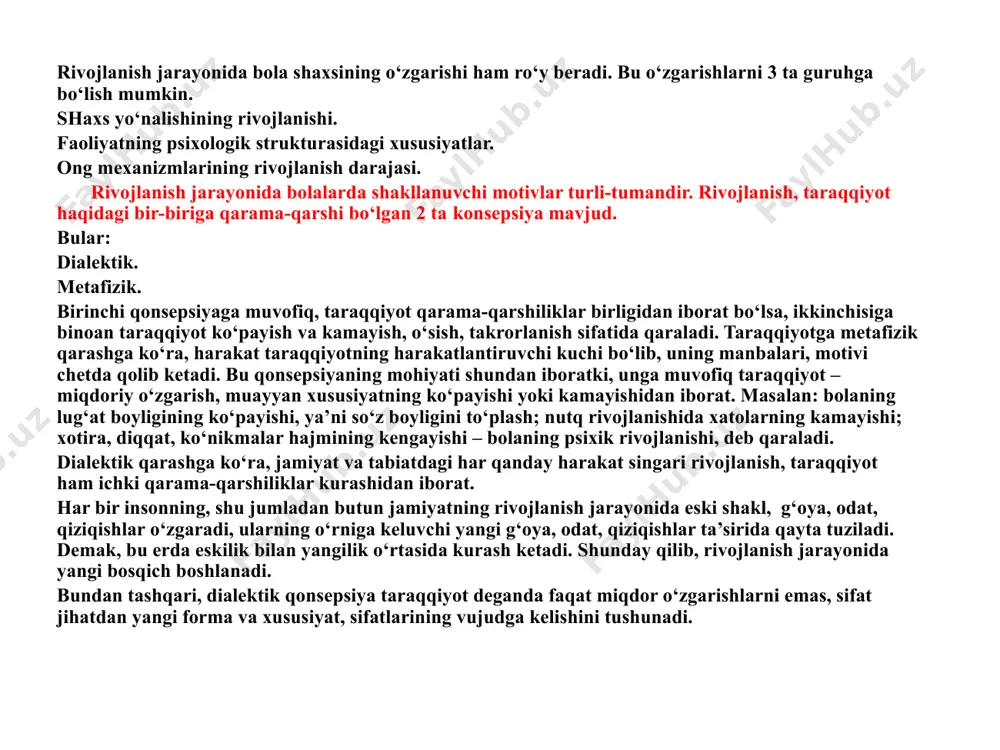 ‘zining sifat xususiyatlariga ega bo‘ladi. psixologiyada bir necha yosh davrlari farqlanadi: d.b. elkonin bo‘yicha yoshni quyidagi davrlarga bo‘lish mumkin: go‘daklik davri – tug‘ilgandan 1 yoshgacha. ilk bolalik davri – 1-3 yosh. maktabgacha yosh davri – 3-7 yosh. kichik va o‘rta maktabgacha yosh davri – 3 dan 4-5 yoshgacha. katta maktabgacha yosh davri 4-5 dan 6-7 yoshgacha. kichik maktab yoshi 7 – yoshdan 11yoshgacha. o‘smirlik yosh davri 11-15 yosh. ilk o‘spirinlik davri 16-18 yosh. v.a. krutetskiy bo‘yicha: chaqaloqlik davri - tug‘ilgandan 10 kungacha. go‘daklik davri – 1 yoshgacha. ilk bolalik davri – 1-3 yoshgacha. maktabgacha yosh davri – 3-5 yoshgacha. bog‘cha yosh davri – 5-7 yoshgacha. kichik maktab yoshi davri – 7-11 yoshgacha. o‘smirlik davri – 11-15 yoshgacha. ilk o‘spirinlik davri – 15-18 yoshgacha. har ikkala tasnif ham puxtaligidan, ularga qanday nuqtai nazardan yondashilganidan qat’iy nazar inson kamolotini to‘la ifodalab berishga ojizlik qiladi. mazkur nazariyalar insonning shaxs sifatida shakllanishi bosqichlari haqida …