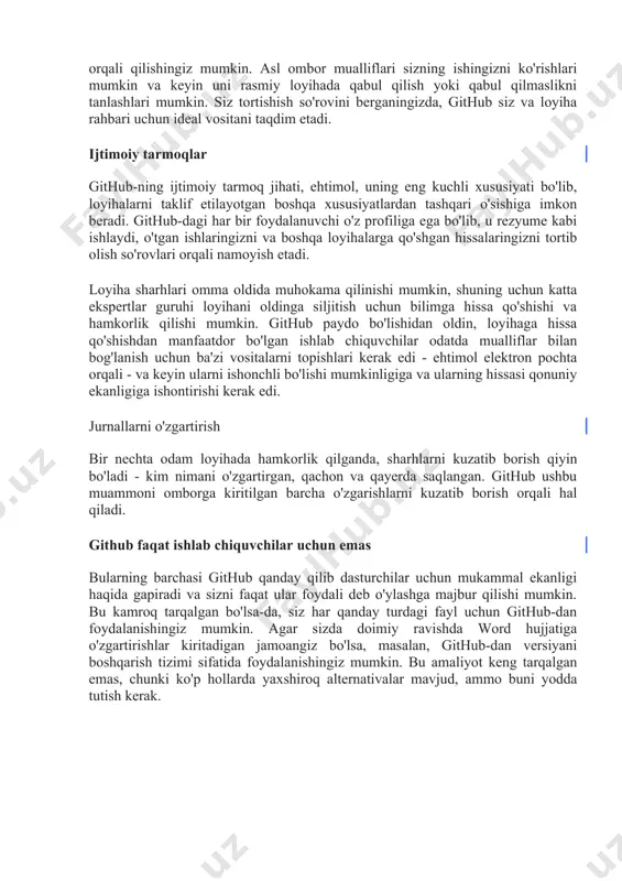 sifatida chiqarishingiz mumkin. agar siz ajratgan asl ombor yangi loyihangizni yaratish uchun yangilangan bo'lsa, siz ushbu yangilanishlarni mavjud vilkangizga osongina qo'shishingiz mumkin. pul o'tkazish talablari siz omborni to'pladingiz, loyihani ko'rib chiqishni amalga oshirdingiz va siz uni asl ishlab chiquvchilar tomonidan tan olinishini va ehtimol rasmiy loyiha/repozitoriyga qo'shilishini xohlaysiz. buni pul o'tkazish so'rovini yaratish orqali qilishingiz mumkin. asl ombor mualliflari sizning ishingizni ko'rishlari mumkin va keyin uni rasmiy loyihada qabul qilish yoki qabul qilmaslikni tanlashlari mumkin. siz tortishish so'rovini berganingizda, github siz va loyiha rahbari uchun ideal vositani taqdim etadi. ijtimoiy tarmoqlar github-ning ijtimoiy tarmoq jihati, ehtimol, uning eng kuchli xususiyati bo'lib, loyihalarni taklif etilayotgan boshqa xususiyatlardan tashqari o'sishiga imkon beradi. github-dagi har bir foydalanuvchi o'z profiliga ega bo'lib, u rezyume kabi ishlaydi, o'tgan ishlaringizni va boshqa loyihalarga qo'shgan hissalaringizni tortib olish so'rovlari orqali namoyish etadi. loyiha sharhlari omma oldida muhokama qilinishi mumkin, shuning uchun katta ekspertlar guruhi loyihani oldinga siljitish …