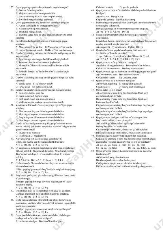 etmagan gapni toping. a) aqlli o’zini ayblar, aqlsiz—do’stini. b) o’lmas noxushlik bilan qovun pallasidagi non quyuqlariga qaradi. c) yaqlov bilan anqov—dushman uchun katta ov. d) oyni etak bilan yopib bo’lmaydi. 10. qaysi gapda holning tuzilishiga ko’ra har ikki turi qo’llangan? a) tursunali bir-bir bosib minbarga chiqdi, dona-dona gapirdi. b) tiniq suvdan hovuch-hovuch oldi, qonib-qonib ichdi. c) hammani kuldirish uchun ataylab shunaqa antiqa kiyindi. d) to’g’ri yursang, murodingga oson yetarsan. 11. holning ma’nosiga ko’ra qaysi turi –lik, -siz+lik qo’shimchali otlarga chiqish kelishigi shaklini qo’shish bilan ifodalanadi? a) daraja-miqdor holi b) ravish holi c) maqsad holi d) sabab holi 12. holning ma’nosiga ko’ra qaysi turi fe’lning harakat nomi shakllariga jo’nalish kelishigi qo’shimchasini qo’shish bilan ifodalanadi? a) o’rin holi b) payt holi c) maqsad holi d) sabab holi 13. hol hollanmishga qanday usullar bilan bog’lanadi? 1) moslashuv 2) boshqaruv 3) bitishuv a) 1,2 b) 1,3 c) 2,3 d) 1,2,3 14. to’ldiruvchi to’ldirilmishga qanday …