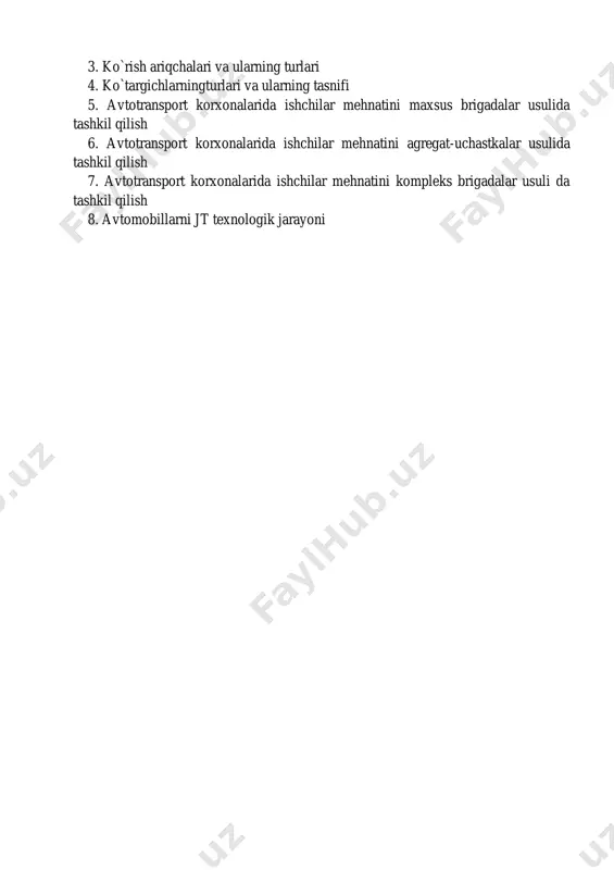a jt ishlarini bajarishdagi javob- garlik brigada zimmasiga tushadi. agregat uchastka usuli. bu usulda txk va jt ishlari avtomobilning qismlari bo'yicha uchastkalarga bo'lib beriladi. ishlab chiqarishdagi ishchilar ham o'z navbatida uchastkalarga bo'linib, ular txk, jt ishlarini bir yoki bir necha agregatlar bo'yicha bajaradilar. uchastkalarning soni, atk ning katta - kichikligini qarab 4 tadan 8 ta gacha bo'lishi mumkin, masalan: 1-uchastka - dvigatellarga txk va jt. 2-uchastka - ilashish muftasi, uzmalar qutisi, qo'l tormozi, kordan uzatmasi, radiator. 3-uchastka - oldi ko'prik, rul boshqarmasi, orqa ko'prik, tormoz tizimi, podveskalar. 4-uchastka - elektrojihozlar va ta'minlash sistemasi. 5-uchastka - rama, kabina, kuzov, issiqlik sexi ishlari. 6-uchastka - shinalar. 7-uchastka - chilangar-mexanik ishlar. 8-uchastka - yuvish-tozalash ishlari. ishni bu usulda tashkil qilish, ishlab chiqarishdagi barcha uskuna, jihozlarni, ehtiyot qism, materiallarni sarfini hisobga olishni osonlashtiradi, hamda txk va jt varag'i asosida, bajarilgan ish turi va bajaruvchi to'g'risida ma'lumot olish imkonini beradi. bu usul texnik hodimlarni ishga …
