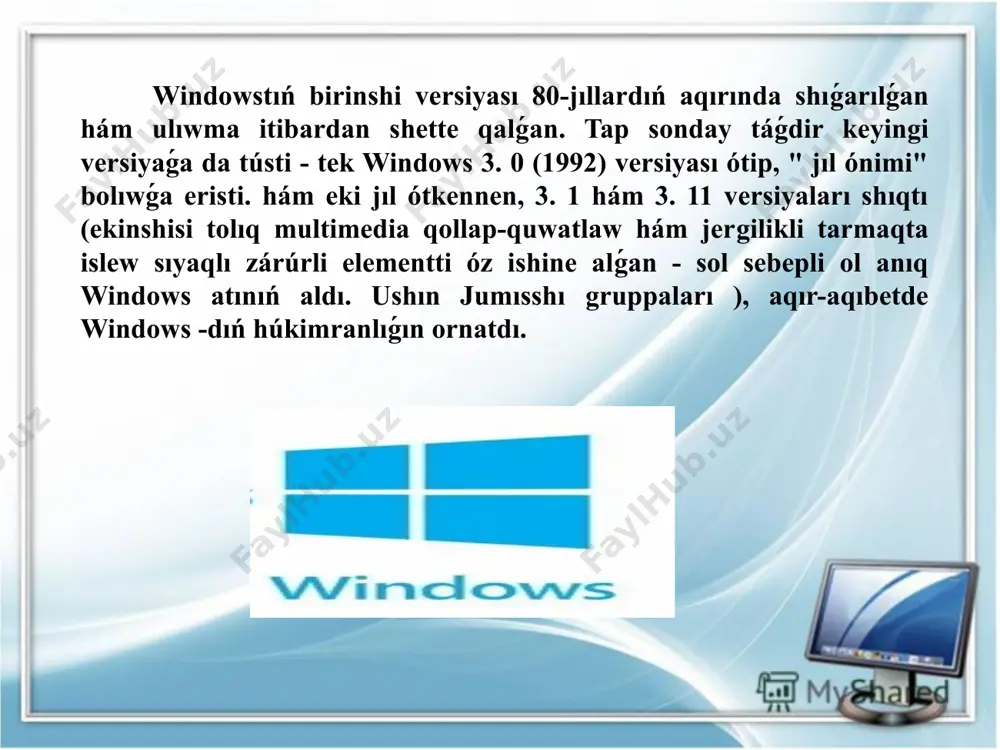 a” fanidan amaliy mashg`ulotlar uchun uslubiy qo`llanma, toshkent 2008 yil, taqi. 5. s. simonovich, g. evseev, a. alekseev “obshaya informatika” moskva: astpress, 2003 god. 6. i. g. lesnichnaya, i.v. missing, yu. d. romanov, v. i. shestakov “informatika i informatsionnie texnologii” 2-e izdaniya. moskva: eksmo, 2007 god diqqatin'iz ushin rahmet!!! image1.jpeg image2.jpeg image3.jpeg