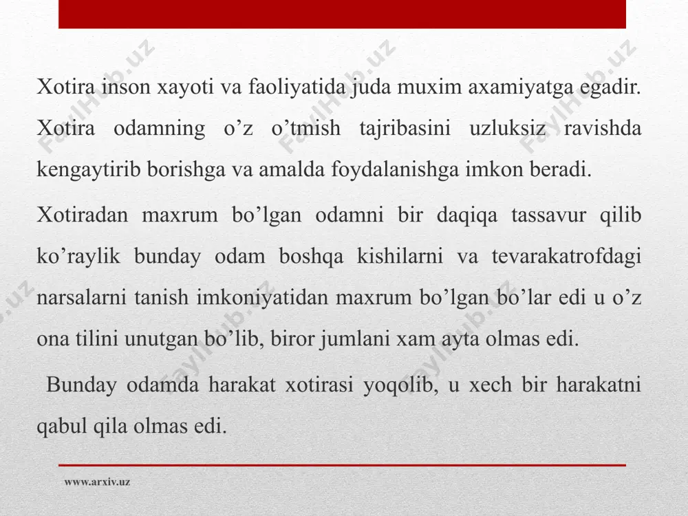 doim xabar berib turadi. shuning uchun har bir kishining xayoti va faoliyatida emotsional xotira juda katta axamiyatga egadir. biz boshimizdan kechirgan va xotiramizda saqlab qolgan xissiyotlar va harakatga undovchi yoki o’tmishda salbiy kechinmalarga ega bo’lgan harakatlardan saqlab qoluvchi signal tarzida namoyon bo’ladi. www.arxiv.uz o’zga kishiga hamdard bo’lish qobiliyati, kitob kaxromoni bilan birga qayg’urish emotsional xotiraga asoslanadi. agar siz boshdan kechirganlarni bir laxzada eslash bilan qizarish, oqarish qobiliyatiga ega bo’lsangiz agar siz qachonlardir boshdan kechirgan baxtsizlik xaqida o’ylashdan qo’rqsangiz, sizda tuygu xissiyot xotirasi yoki emotsional xotira bor deyish mumkin. www.arxiv.uz foydalanilgan adabiyotlar · umumiy psixologiya. t.: o’qituvchi, 1992. – 512 s. · nemov r.s. psixologiya kn. m.: prosveshenie – 1994. – 576 s. · g`oziev e. psixologiya. t.: o’qituvchi, 1994 – 300 b. · klimov e.a. osnovi psixologii. ucheb. m.: yuniti, 1997. – 295 s. · godfrua j. chto takoe psixologiya. t. m.: mir. 1992 – 496 s. www.arxiv.uz image2.jpeg /docprops/thumbnail.jpeg
