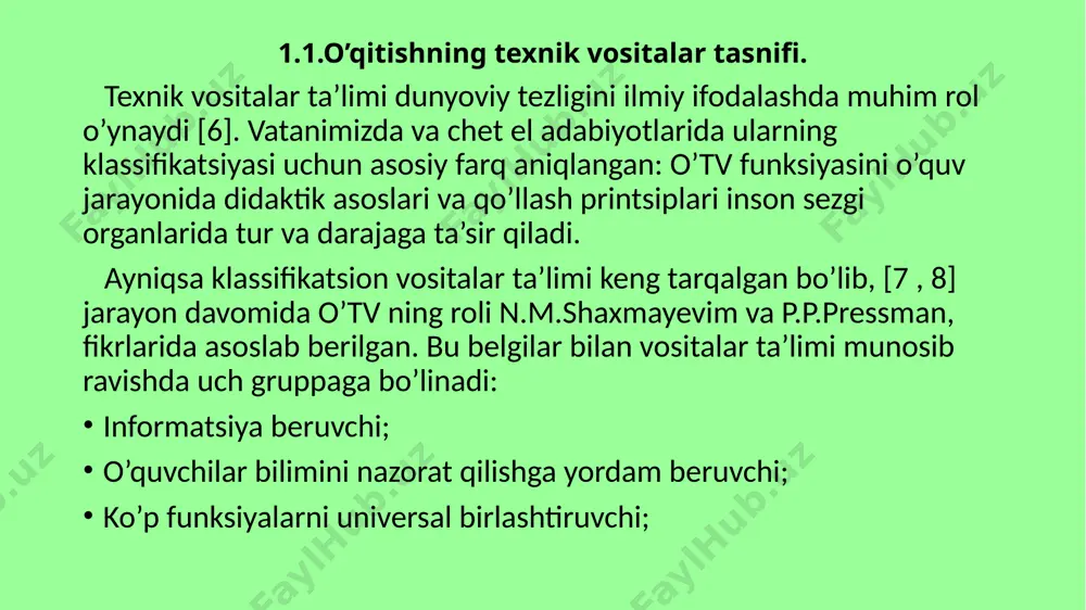 r texnologiyasi bo’lib, asosiy texnologik ta’lim jarayonida informatsiya va uning harakatini (o’zgartirish) tashkil etadi. biz ko’ramizki, eng katta istiqbolli texnologiya ta’limi “kompyuter texnologiyalari” – kompyuterdan foydalanish hisoblanadi. ular programma ta’limining mutlaqo yangi g’oyalarini ochdilar, yana texnologik variantlar ta’limini tekshirmasdan, zamonaviy kompyuter va rivojlantirdilar [9, 10]. darsda kompyuterdan foydalanish va metodik asoslash maqsadga muvofiq bo’lishi kerak. boshqa ta’lim vositalarining kompyuterdan foydalanishida u yerda eng ko’p effektlar bo’lmaydi. bunday hollarda faqat kompyuter texnologiyalariga murojat qilish zarur, agar ular boshqa ta’lim metodlari bilan qiyoslanganda tuzish jarayonining eng yuqori darajasini yetkazib beradi [9]. 1.2.1. kompyuter texnologiyalaridan foydalanishning afzalligi. kompyuter ta’limining yuqori bosqichda rivojlanishi o’quv jarayoni aktivizatsiyasining perspektivniy yo’nalishlaridan biri hisoblanadi [1]. rossiyani tuzishda kontseptsiyey modernizatsiyasini qabul qilish bilan muvofiq ravishda pedagogik tuzilmalar programmasi modernizatsiyasi 2010 – yilgacha ishlab chiqilgandi, 18.02.03 yilda rossiyani tuzishda min kollegiyalari ma’qul deb topilgan. pedagogik tuzish modernizatsiyasi – effektniy mexanizmlar yaratishga, rossiya modernizatsiyasini amalga oshirish shartlariga to’laligicha rozi bo’lgan. pedagogik …