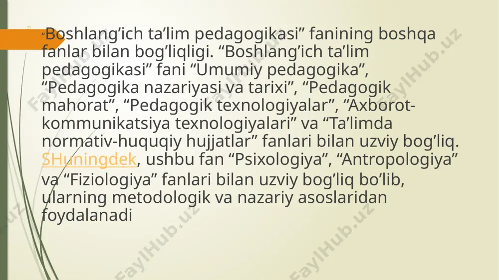 lib shakllanishini taʼminlashga yoʻnaltirilgan. oʻzbekistonda qadim zamonlardayoq taʼlim tizimi keng tarmoq yoygan boʻlishiga qaramay, umummilliy miqyosda umumiy taʼlim rasman 1930-yilning 15 sentabrdan joriy etildi. oʻsha davrdagi hukumatning qaroriga koʻra, 1934-yildan boshlab oʻzbekistonda umumiy boshlangʻich taʼlim olish majburiy qilib qoʻyildi. bu tartib nafaqat maktab yoshidagi bolalarga, balki boshlangʻich maʼlumotga ega boʻlmagan katta yoshdagi kishilarga ham tatbiq qilindi. shuning uchun ham mamlakatda savodsizlik va chalasavodlikni tugatishga yoʻnaltirilgan vaqginchalik maktablar tizdmi paydo boʻldi. 1938-yilning iyulidan oʻzbekistonda umumiy yetti yillik majburiy taʼlim joriy etildi. lekin ikkinchi jahon urushi mamlakatda umumiy yetti yillik taʼlimning toʻliq amalga oshishiga imkon bermadi. 1956-yildagina yetti yillik umumiy taʼlimga toʻliq erishildi. 1958-yildan oʻzbekistonda umumiy taʼlim sakkiz yilga, 1975-yildan oʻn yilga yetkazildi. 1990-yildan oʻzbekistonda umumiy taʼlim muddati oʻn bir yilni tashkil etdi. fan va texnikaning tinimsiz rivojlanib, axborotlarning haddan tashqari koʻpayib borishi va uni yetkazish texnologiyalarining tezkor taraqqiyoti umumiy taʼlim muddatini uzaytirishni taqozo etishi tabiiydir. shuni nazarda tutilgani uchun ham oʻzbekiston …
